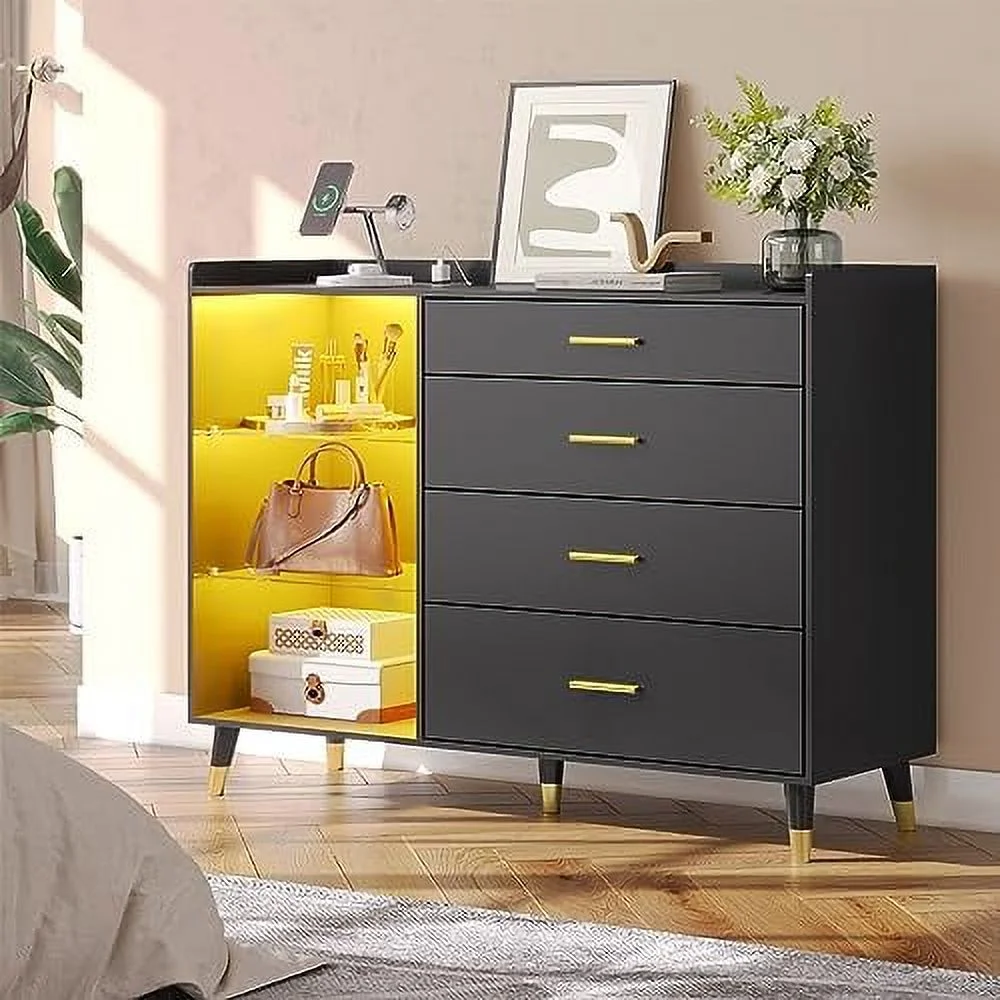 Dresser for Bedroom with LED Lights  Black Dresser with 6 Drawers   Chest of Drawers with Metal Handles  Wood Large Capacity  Cabinet Closet Dresser for Bedroom Entryway