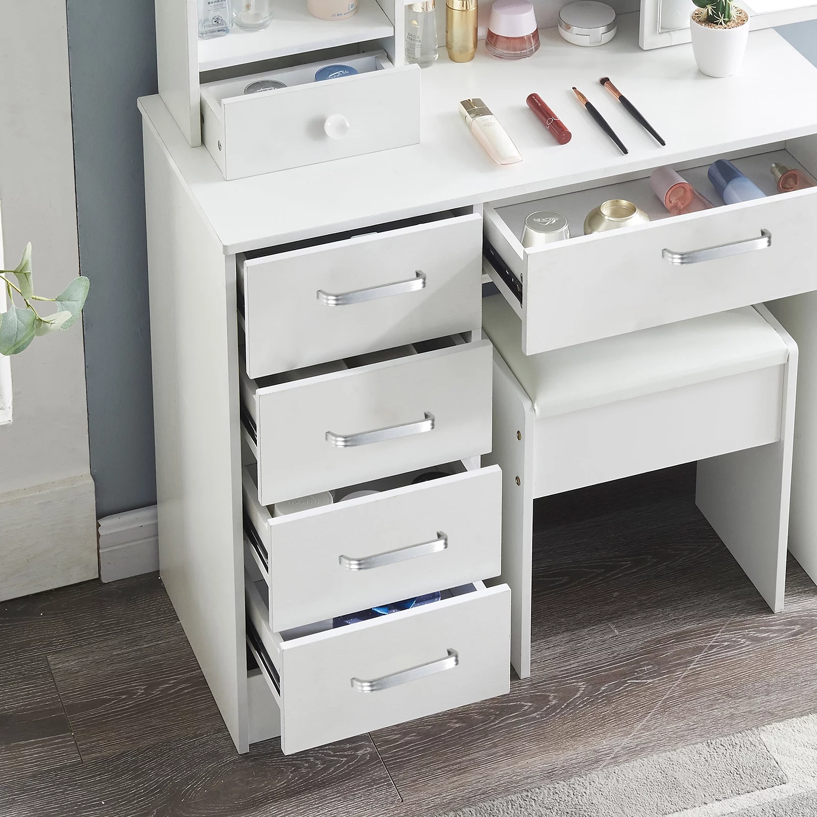 JBLCC Modern Vanity Set with Lighted Mirror, Makeup Table with Drawers, Dressing Table Makeup Desk with Stool, White