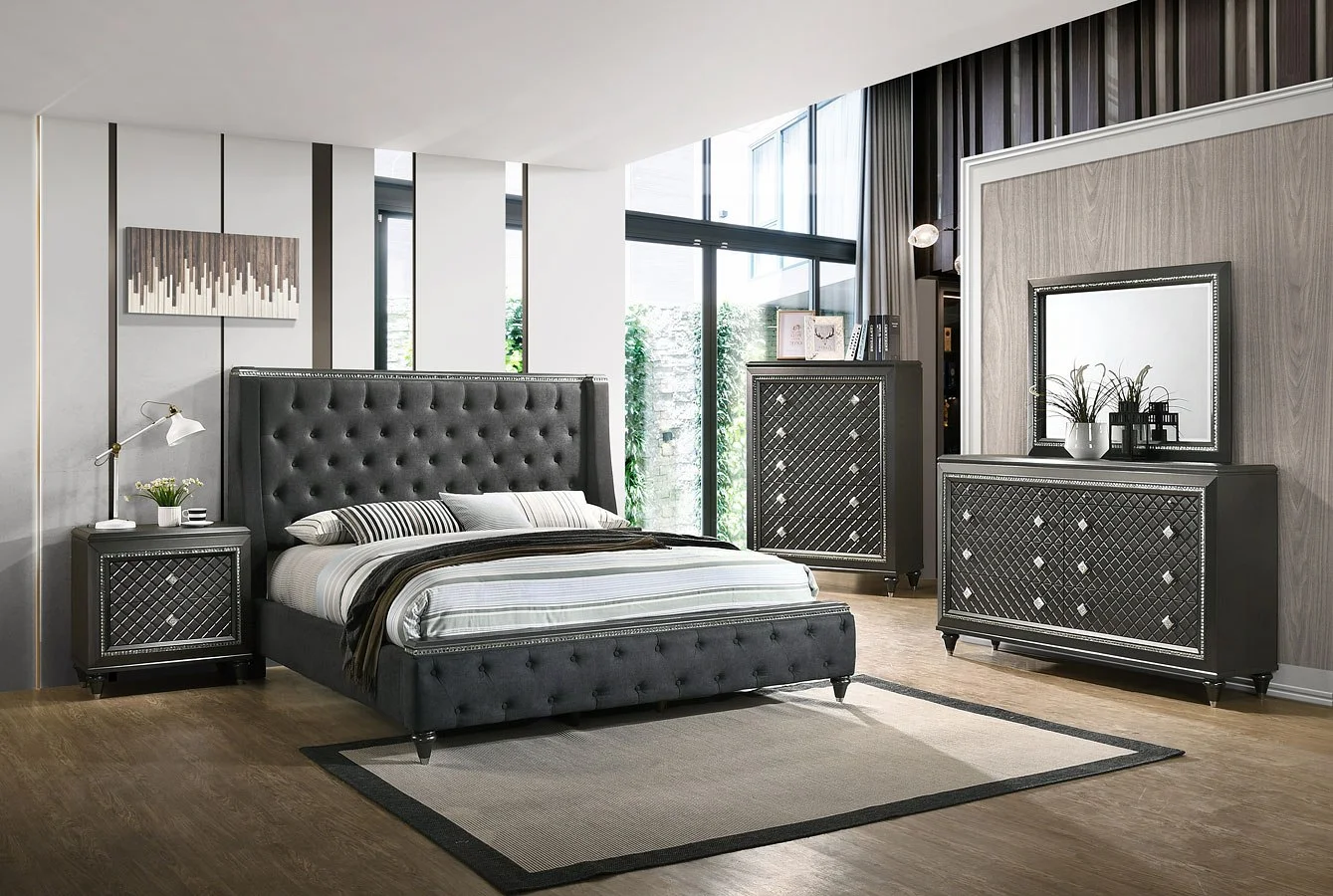 Contemporary 4pc Queen Size Bedroom Set Grey Upholstered Bed Dresser Mirror Nightstand Furniture