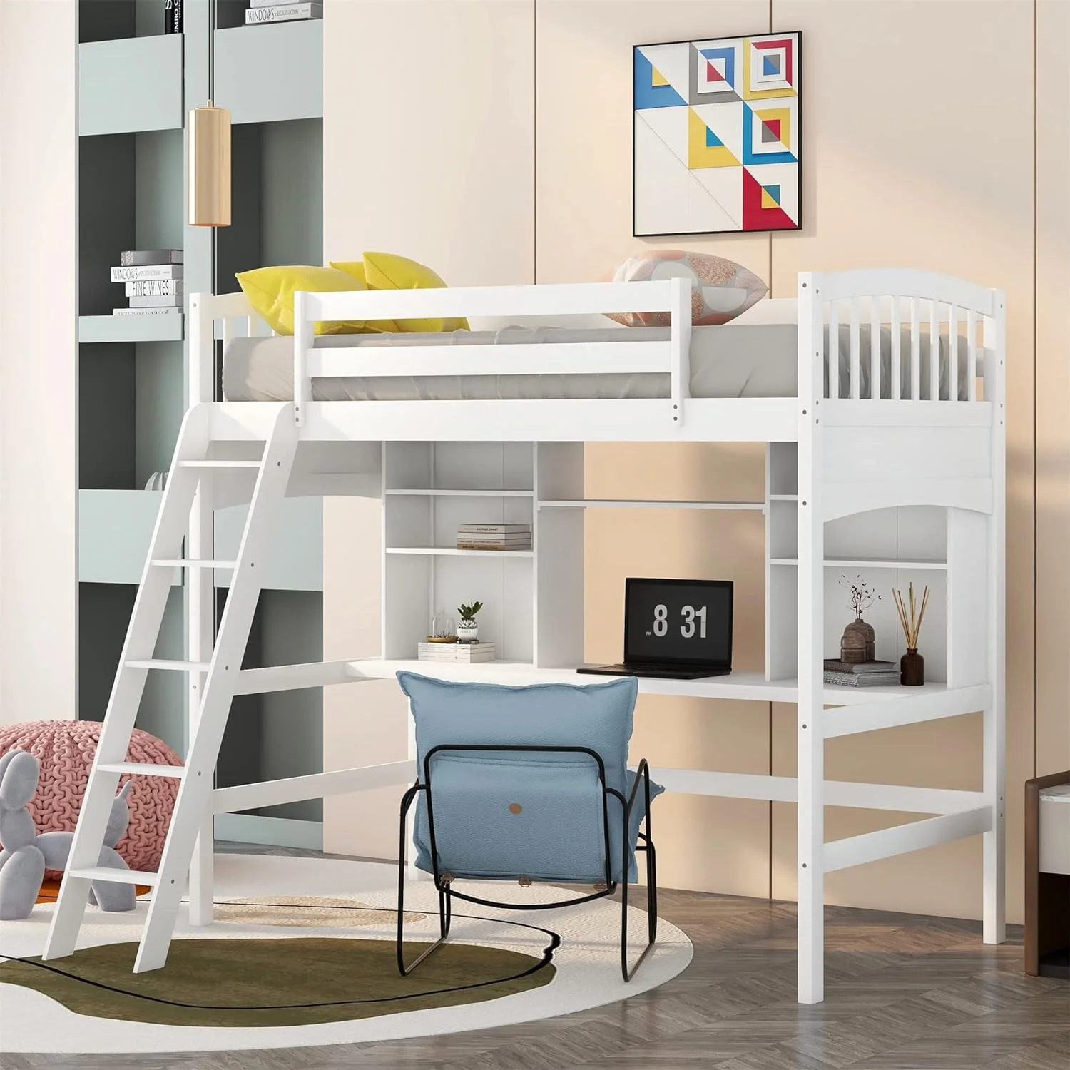 Loft Beds With Desk And Shelves, Wood Bunk Beds With Desk, No Box Spring Needed (White, )
