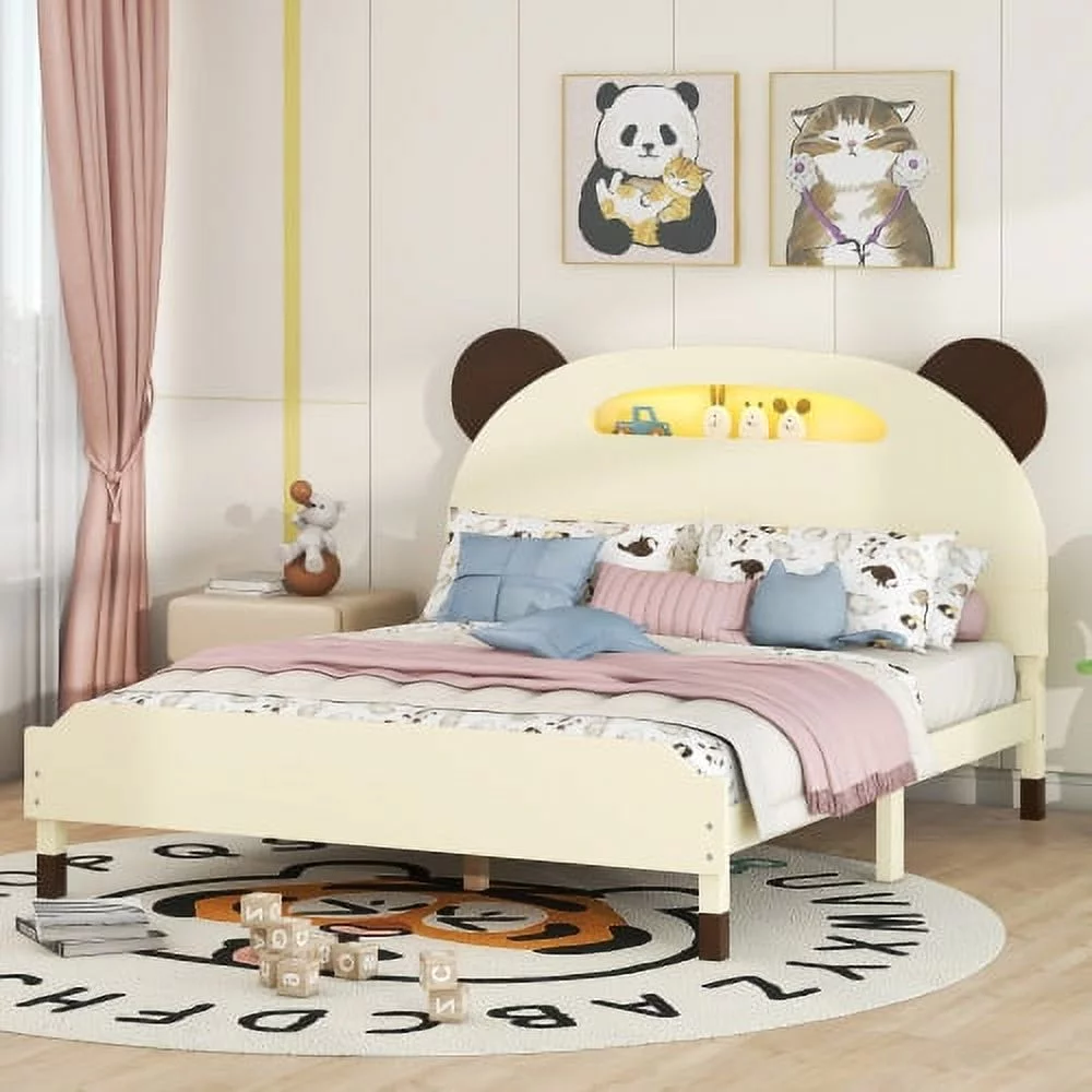 Fwin Size Bed Frame, Bear-shaped Wood Platform With Motion Activated Night Lights, Cream