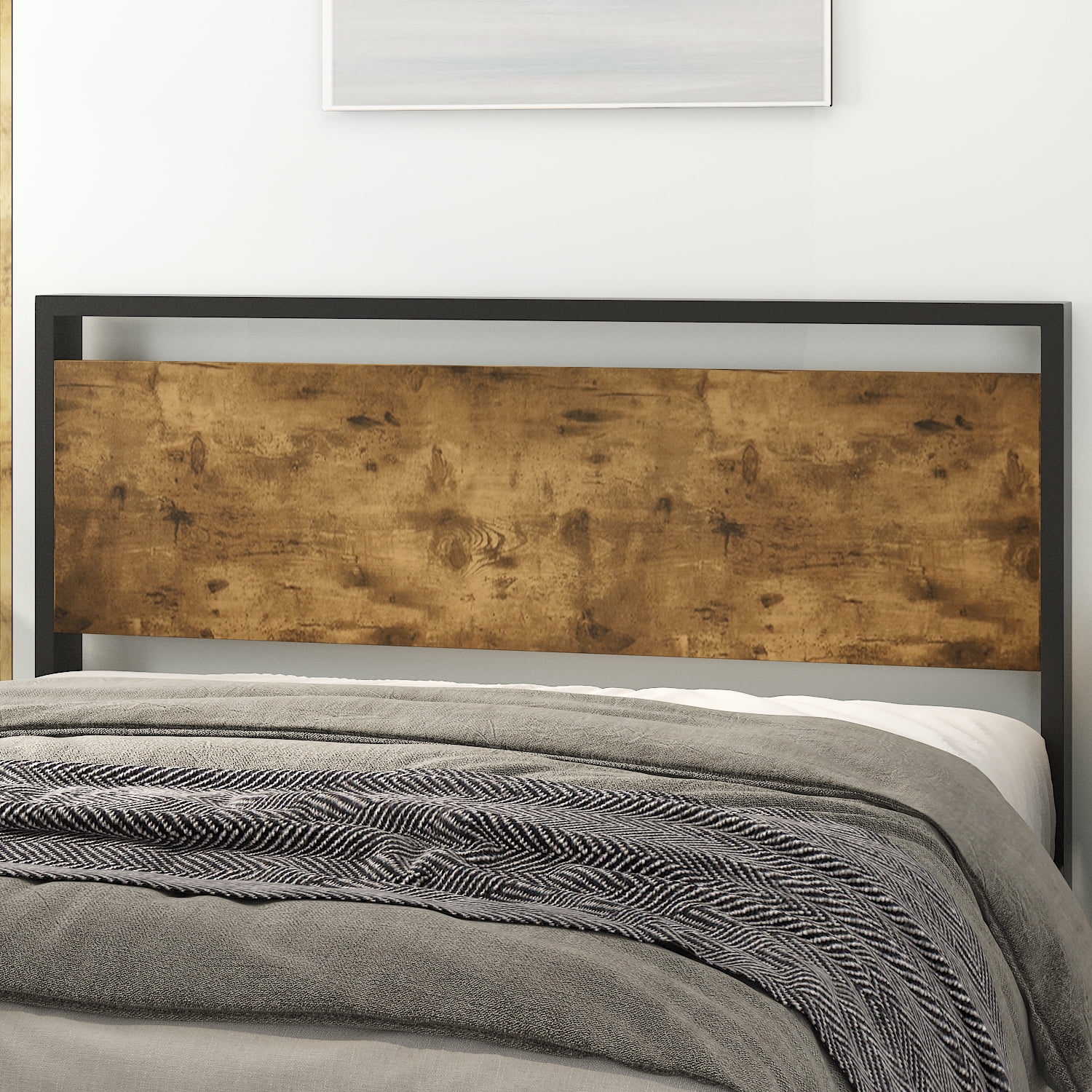 Allewie Brown Full Size Metal Platform Bed with Wooden Headboard & No Box Spring Needed