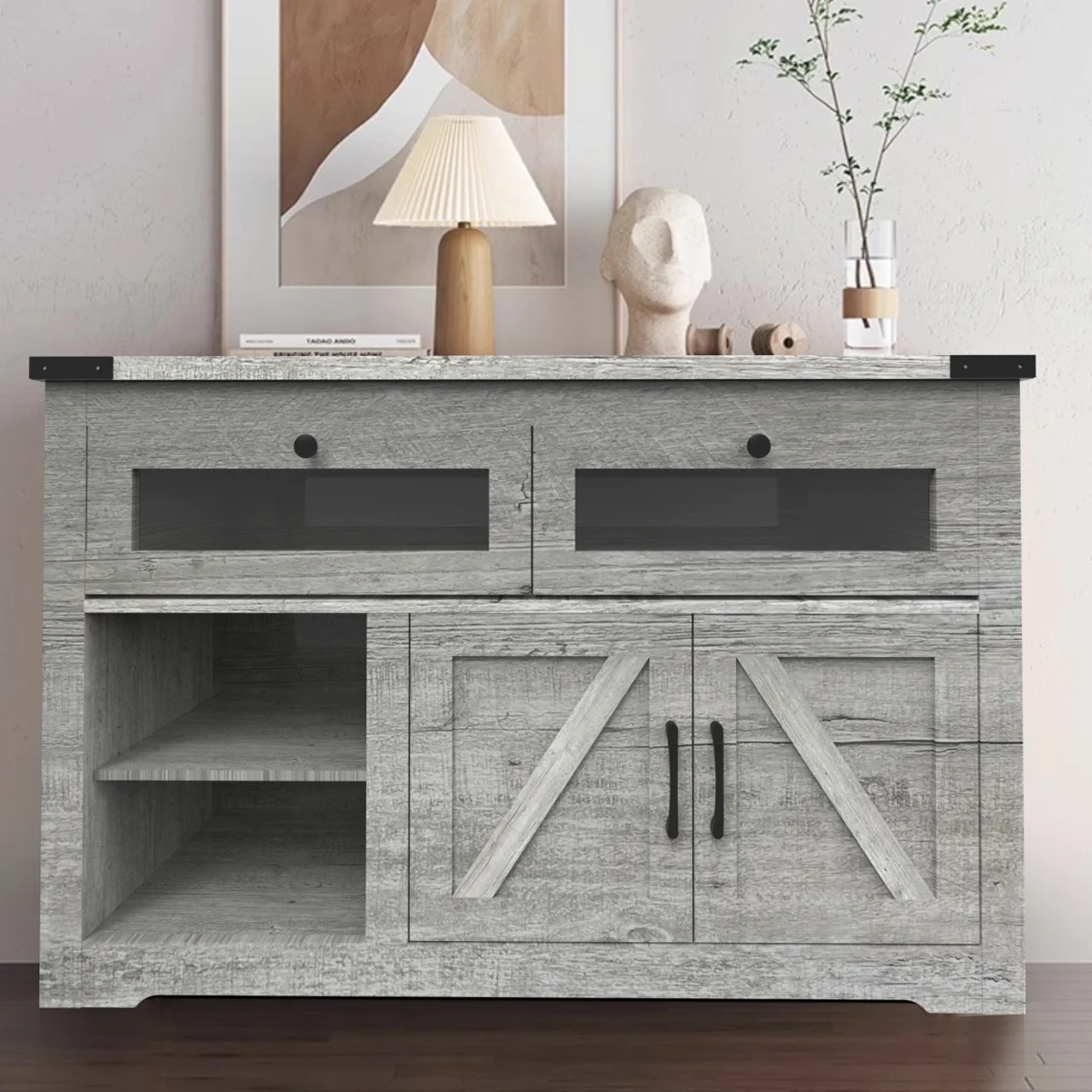 Sesslife Kitchen Storage Cabinet with LED Light & Doors, Accent Cabinet Cupboard Buffet Table with Storage Space for Dining Room, Living Room, Hallway