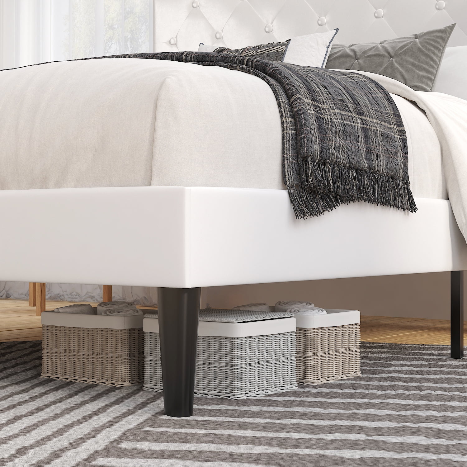 Sha Cerlin White Queen Size Platform Bed Frame with Adjustable Leather Tufted Headboard, Adult