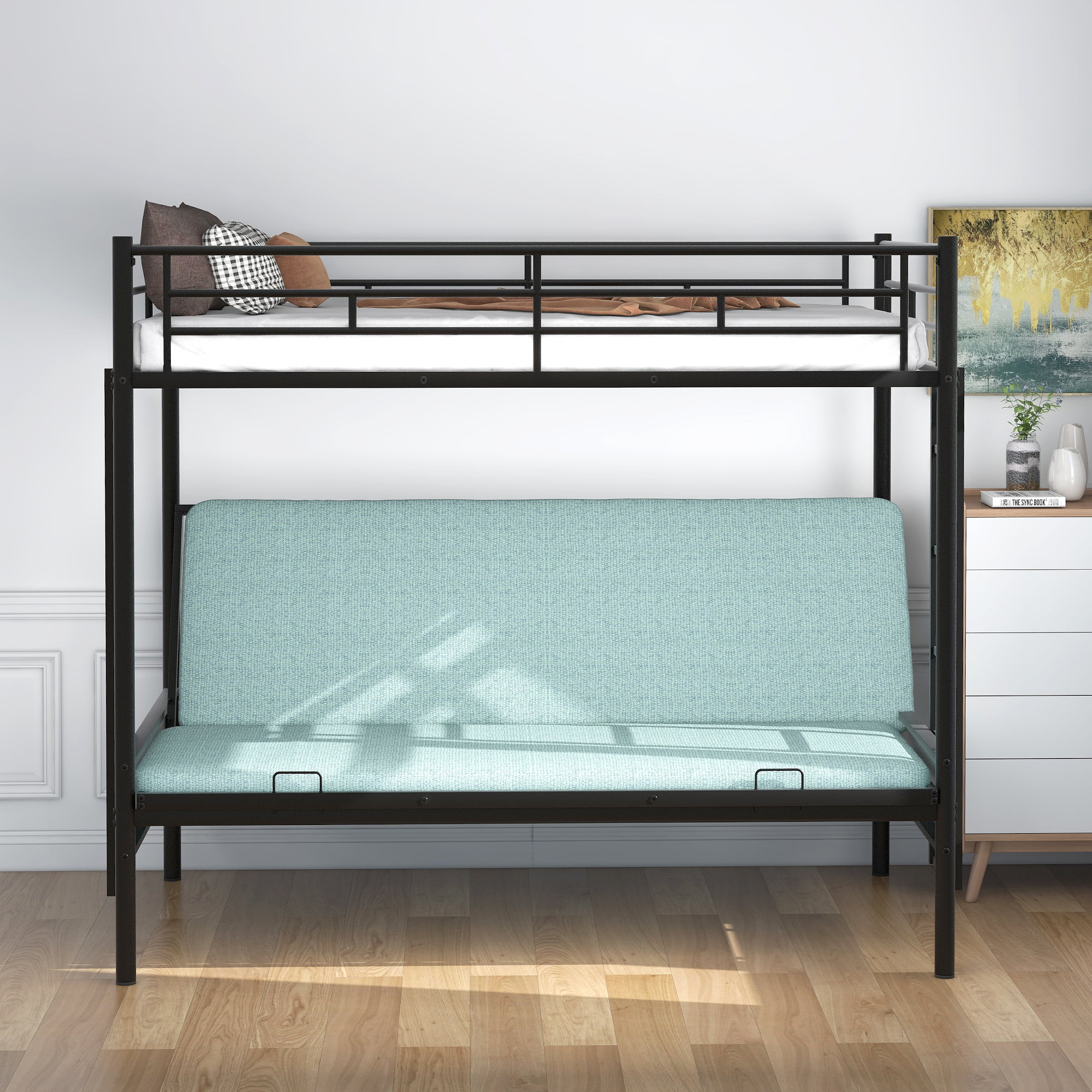 Bellemave Metal Twin over Futon Bunk Bed Frame, Convertible to Twin over Full Bunk Bed for Kids, Teens, Adults, No Box Spring Needed (Black)