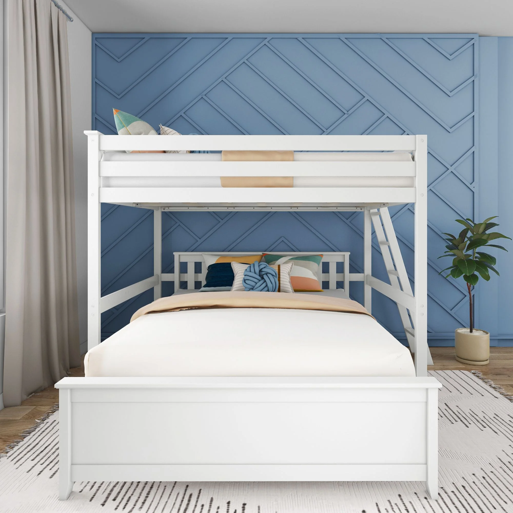 Max & Lily Solid Wood L-Shaped Full over Queen Bunk Bed with Ladder on End for Kids, White
