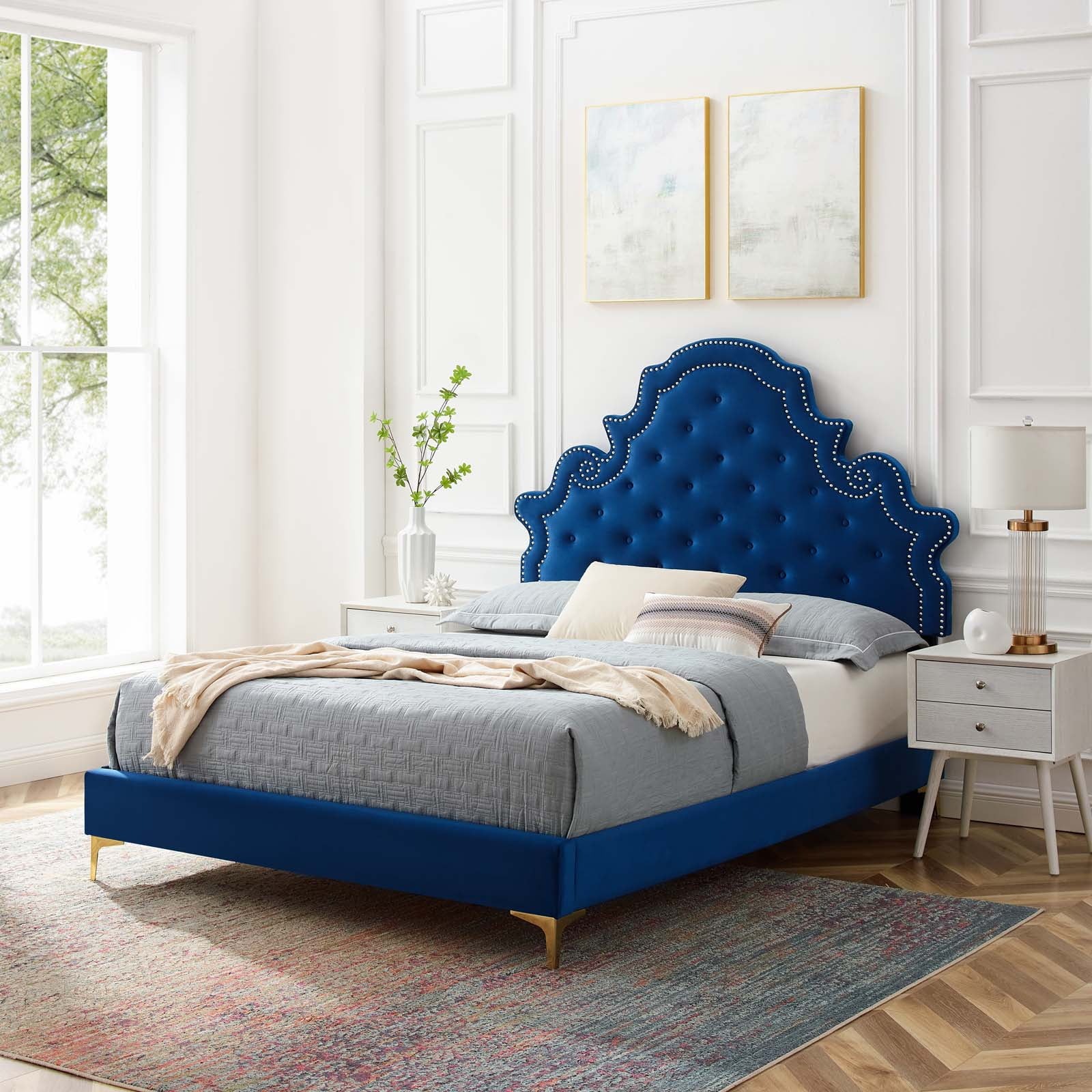 Modway Gwyneth Tufted Performance Velvet Twin Platform Bed in Navy