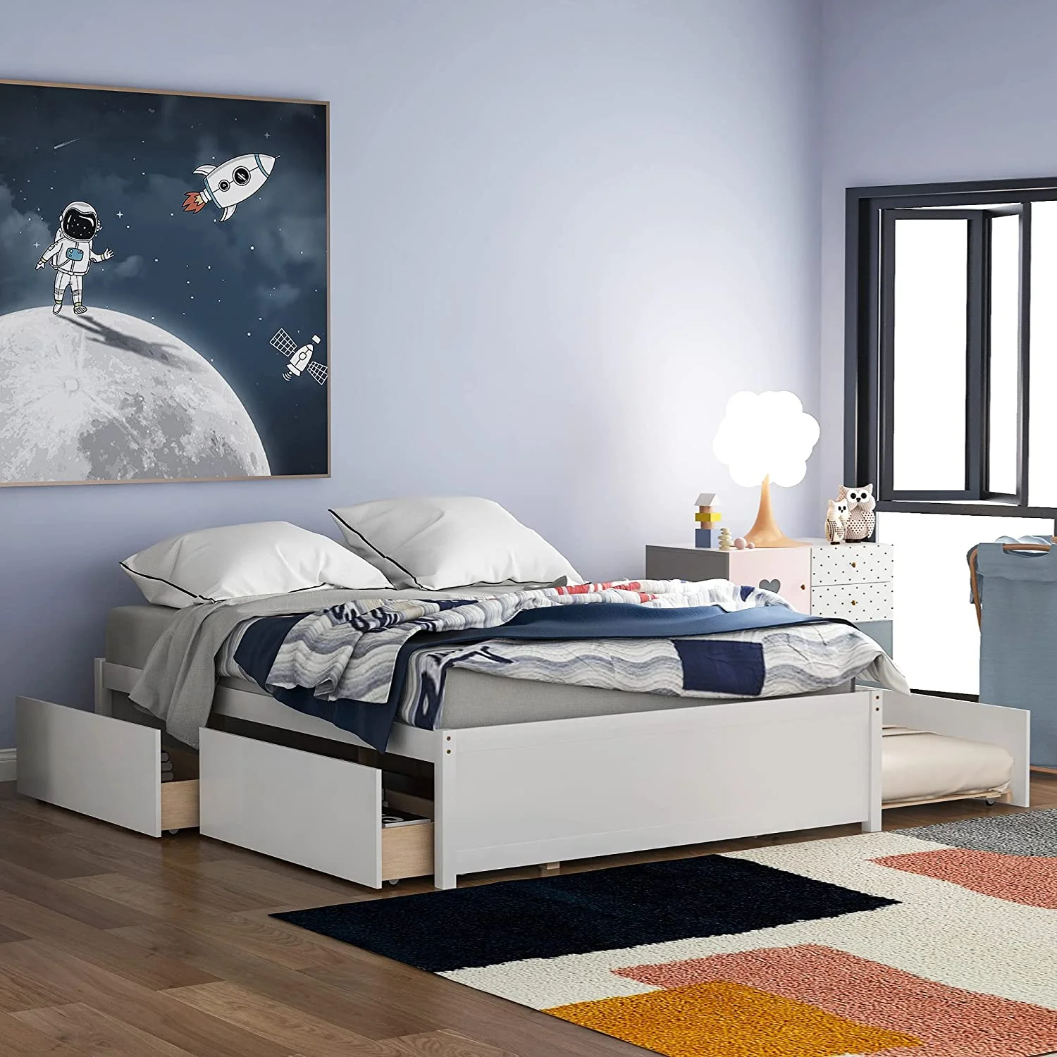 Full Bed With Trundle And Storage, Wood Platform Frame Full Bed With Trundle And Drawers, Space-Saving Full Bed For Kids, Boys, Girls, Teens, White