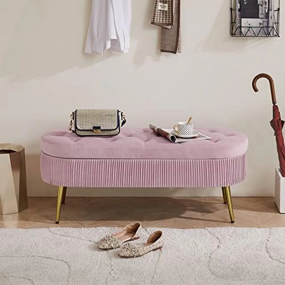 Oval Velvet Storage Bench,Soft Mat Tufted Bench Upholstered Storage Benches Footstool Ottoman End Of Bed Bench For Entryway Porch Bedroom Sitting Room,Pink