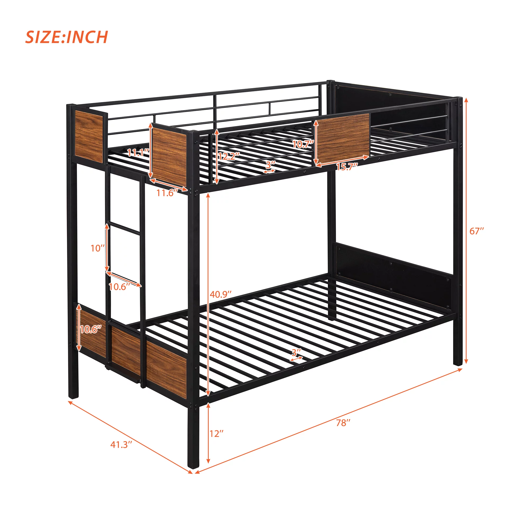 LOAOL Rustic Twin Over Full Metal Bunk Bed, Full Size Bed with Ladder for Bedroom(Without Mattress)