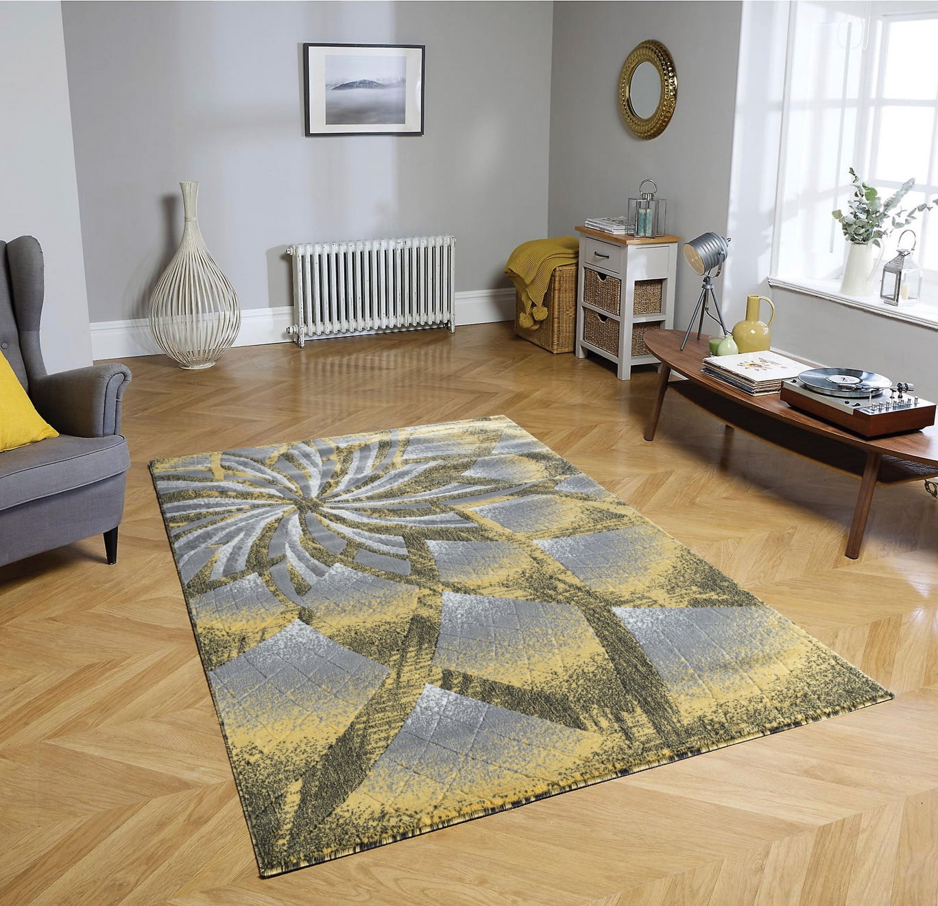 RUG AND DECOR Newport Collection Modern Abstract Geometric Design Area Rug D. Yellow Grey Living Room Bed Room Carpet Alfombras para Sala