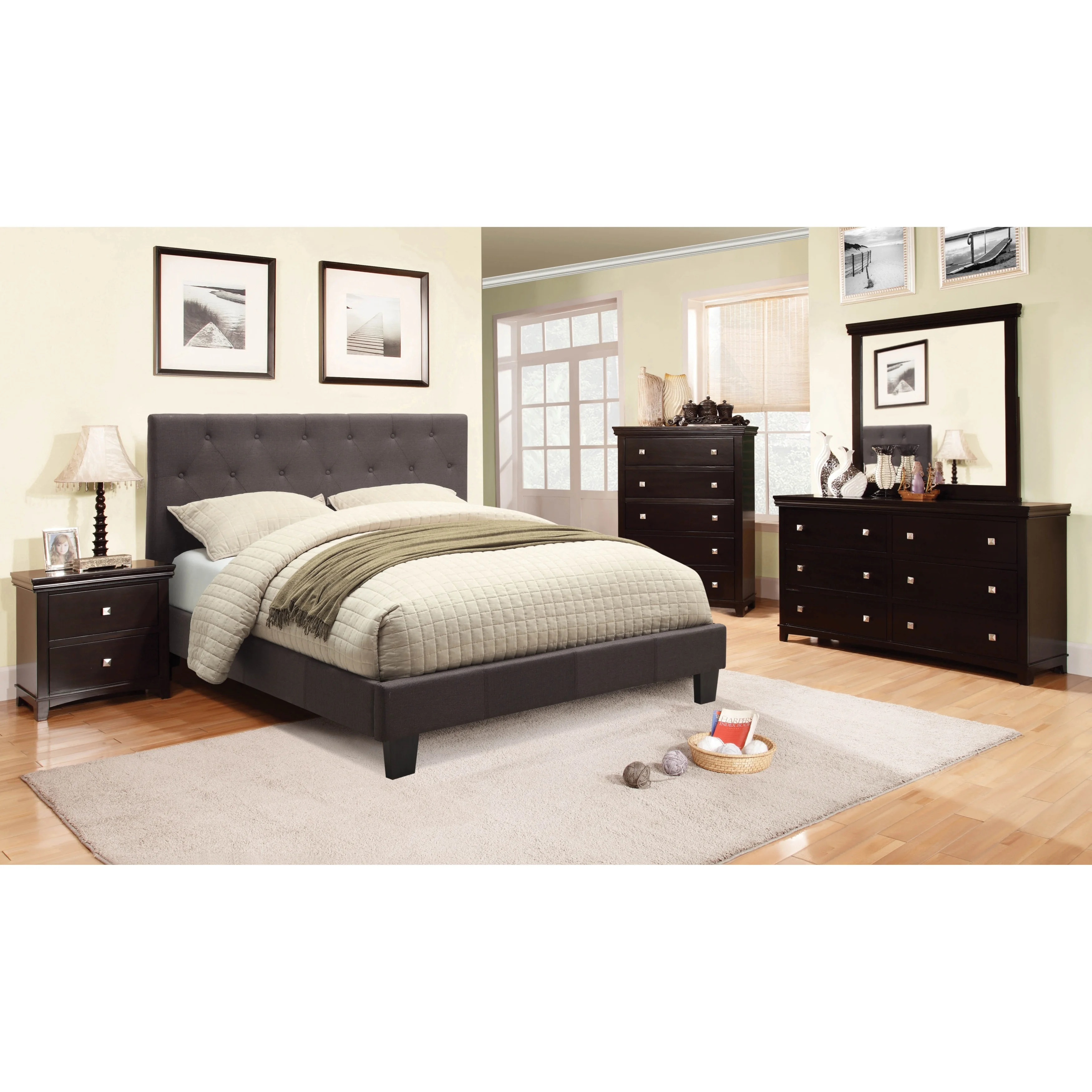 Furniture of America Perdella Contemporary Grey Fabric Upholstered Tufted Low Profile 4-Piece Platform Bedroom Set by Twin