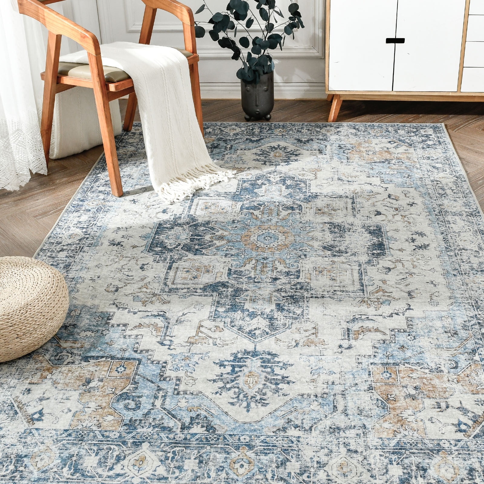 RUGKING 5x7 Area Rugs for Living Room Traditional Rugs Blue Foldable Oriental Medallion Rug Non Slip Indoor Thin Rug for Bedroom