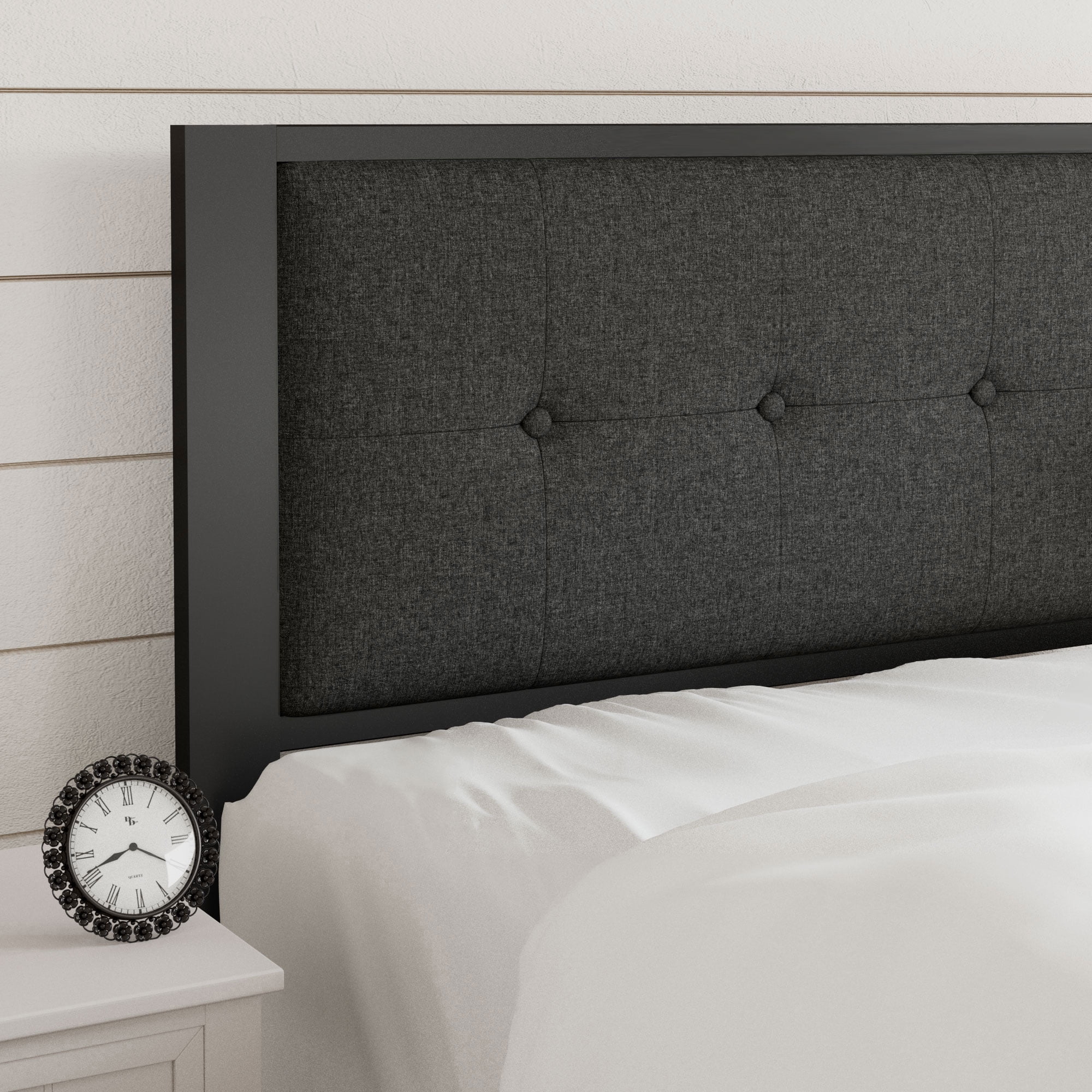 Amolife Twin Size Metal Platform Bed with Upholstered Button Tufted Headboard and 16 Strong Steel Slats, Dark Grey