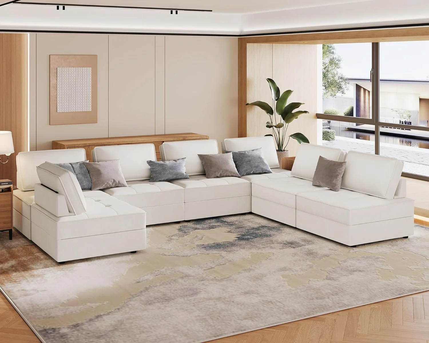 PaPaJet Sectional Sofa, 7 Seater Couch- Convertible U Shaped Sectional Sofa for Living Room(Velvet,Beige)