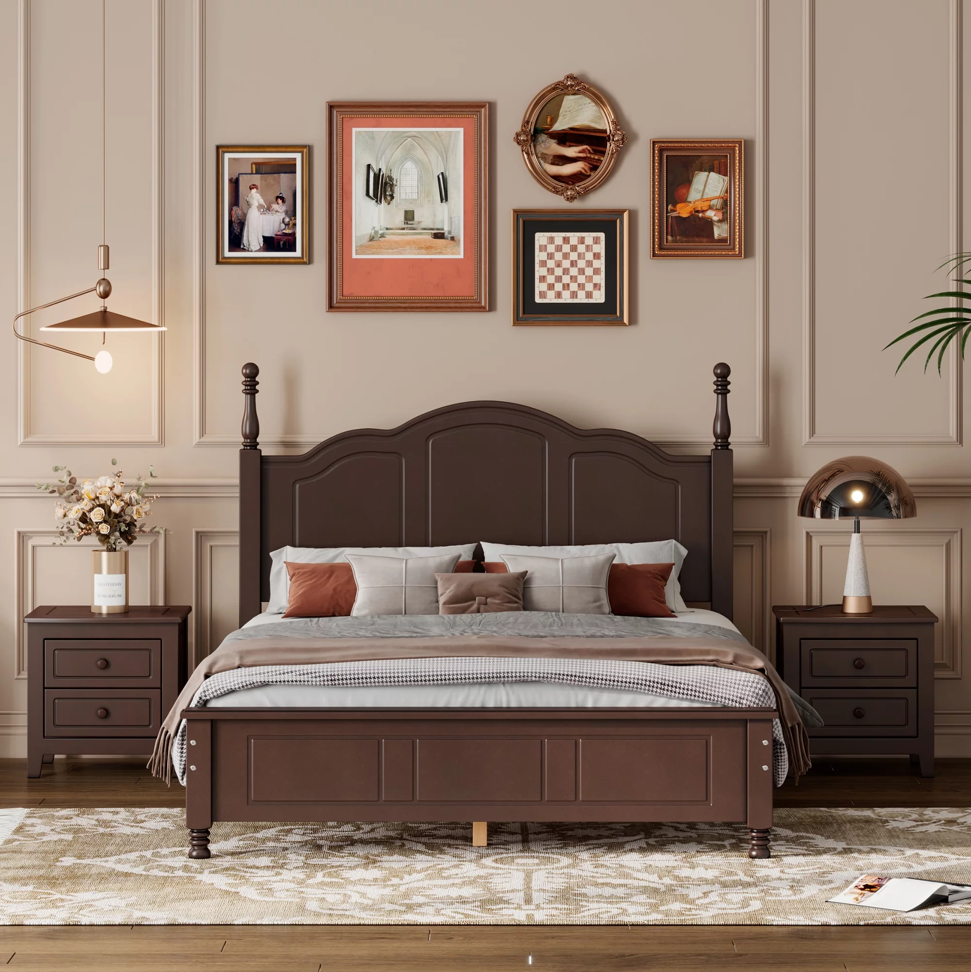 CoSoTower 3-Pieces Bedroom Sets,Full Size Wood Platform Bed and Two Nightstands-Dark Walnut