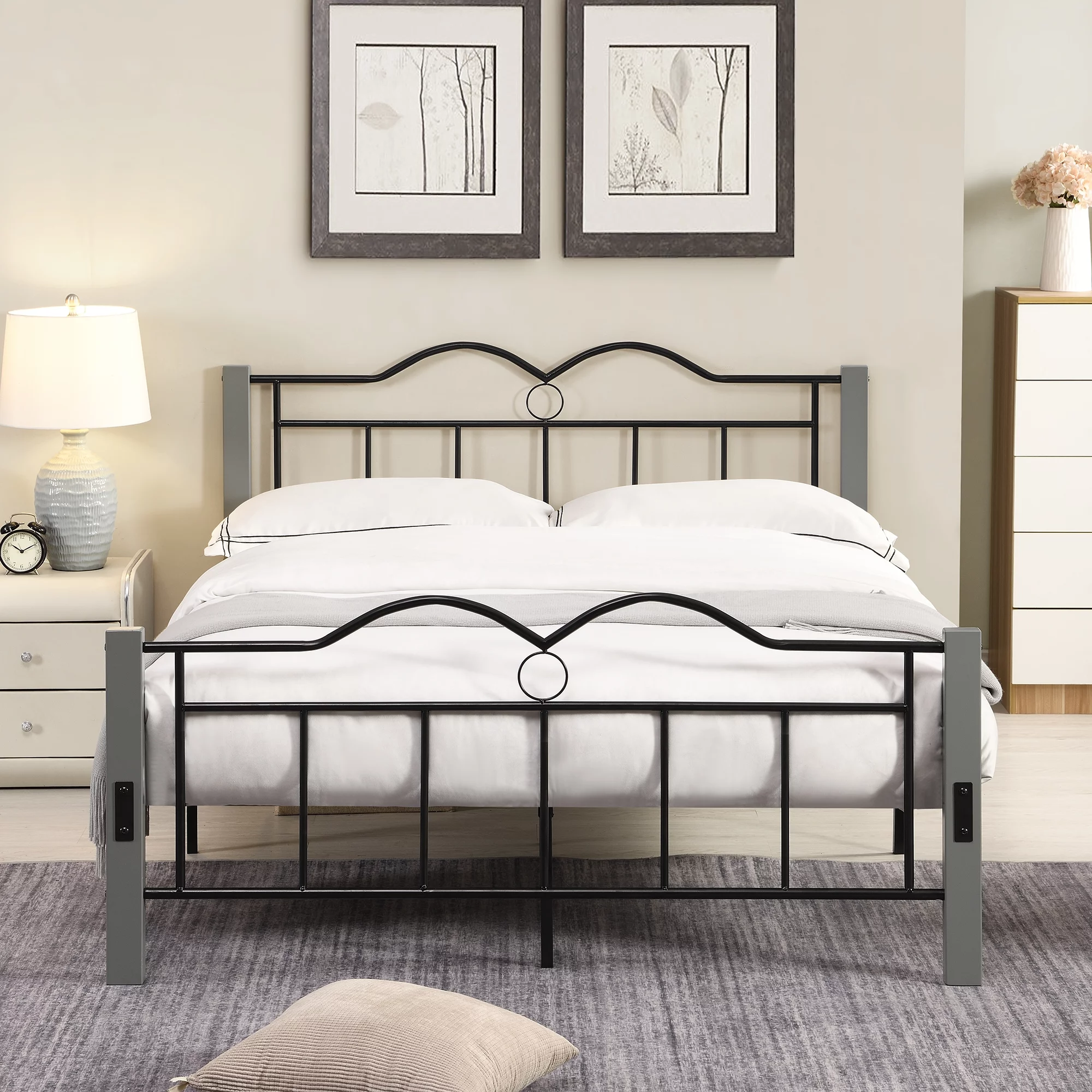 Mefine Full Size Bed Platform Bed With Wooden Feet,Metal Platform