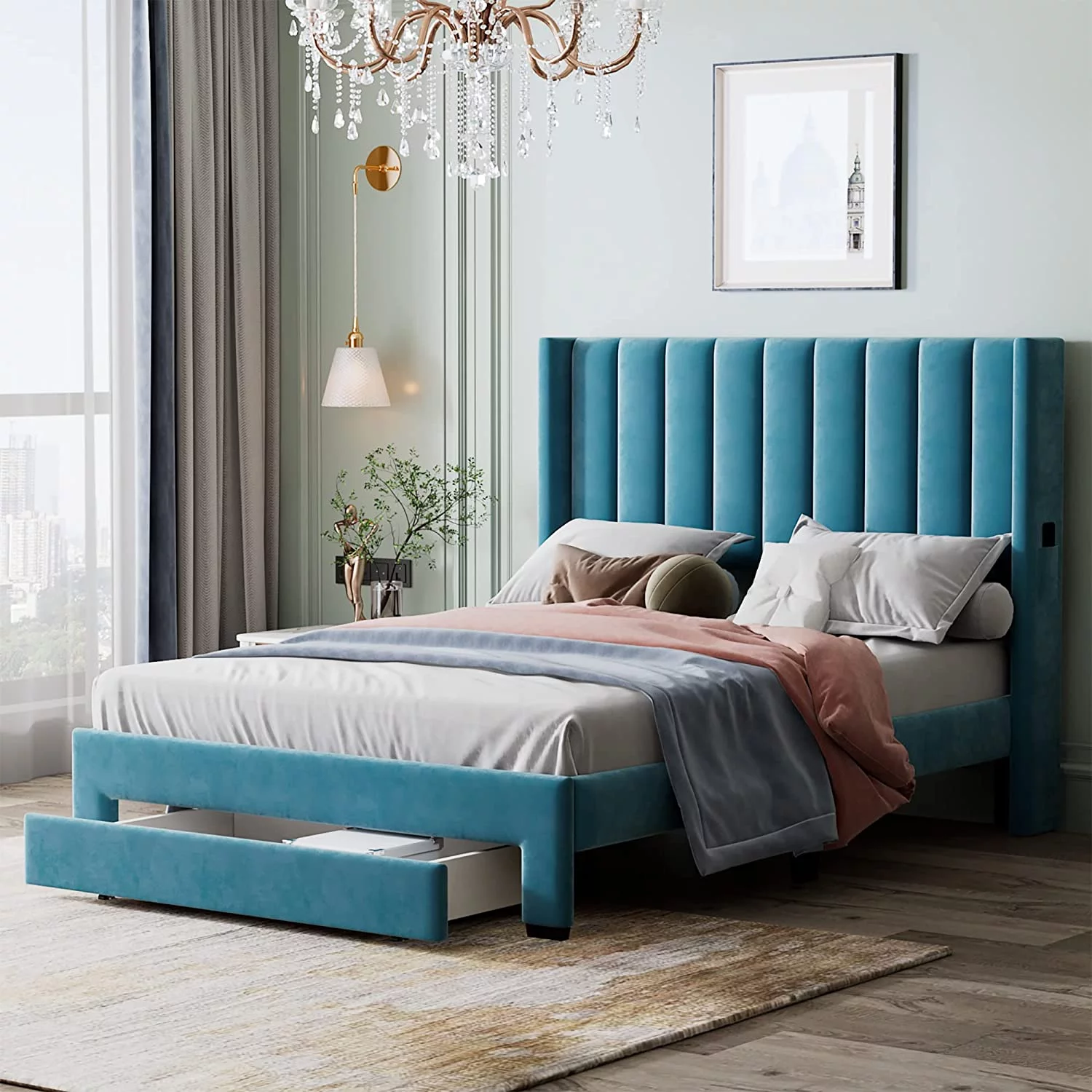 Upholstered Full Bed Frames,Velvet Tufted Full Size Platform Bed With Headboard,Full Storage Bed With A Big Drawer For Bedroom Guestroom, No Box Spring Needed(Full,Blue)
