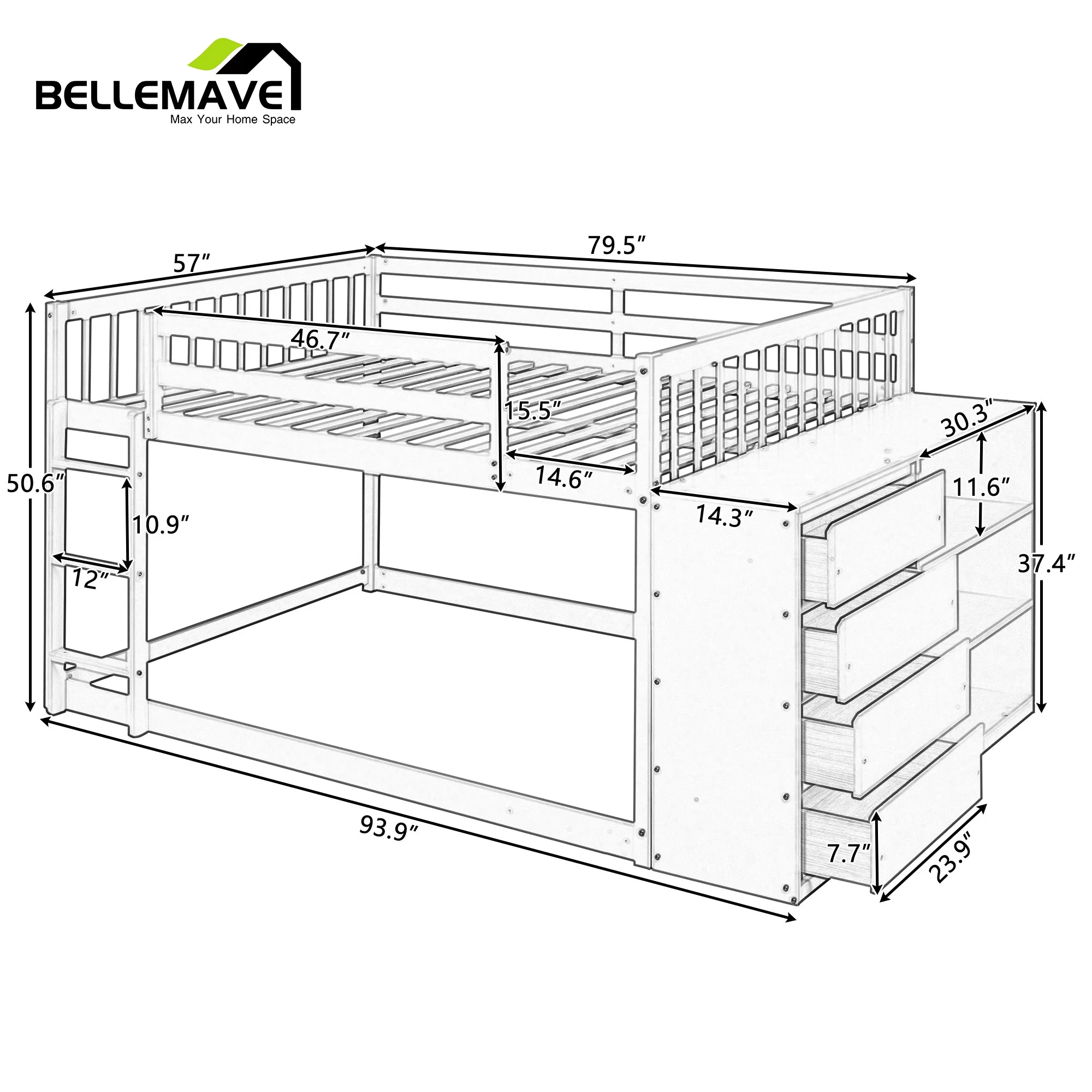 BELLEMAVE Full over Full Bunk Beds for Kids, Full Size Bunk Bed with Storage Cabinet, Ladder and Guardrail, Low Bunk Bed for Kids, Girls,Boys(White)