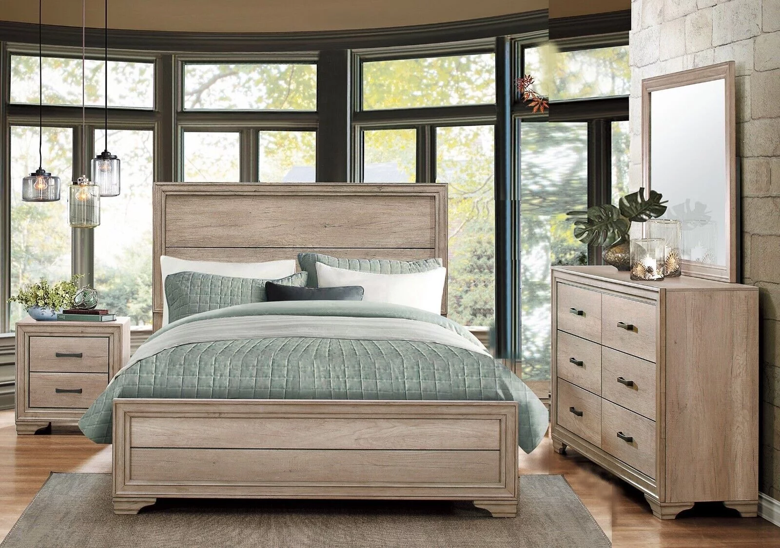 Modern Contemporary 5pc Bedroom Queen Panel Bed Nightstand Dresser Mirror Set Bedroom Furniture