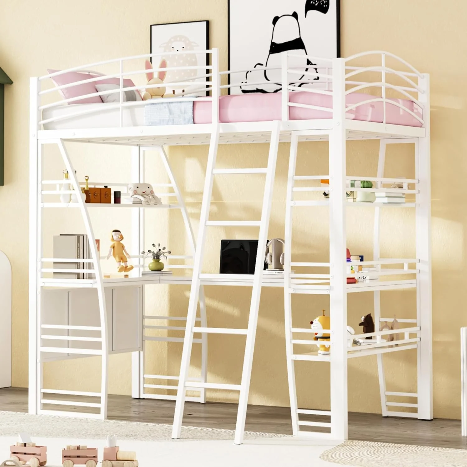 QCAI Loft Bunk Bed Loft Bed with Desk and Bookcase with Metal Frame, Bunk Bed with Desk Loft Bed with Desk and Storage, White Twin
