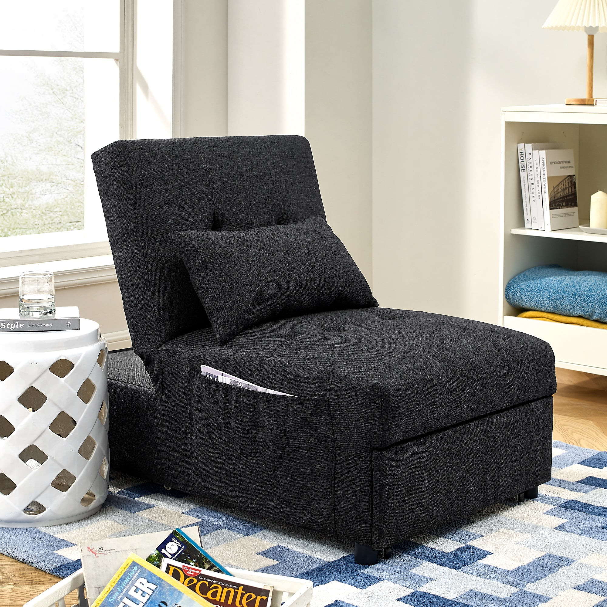 Momspeace Single Futon Sofa Bed Sleeper Sofa Chair 4 in 1 Multi-Function Folding Ottoman Sleeper Sofa Bed Couch Lounge for Living Room - Black