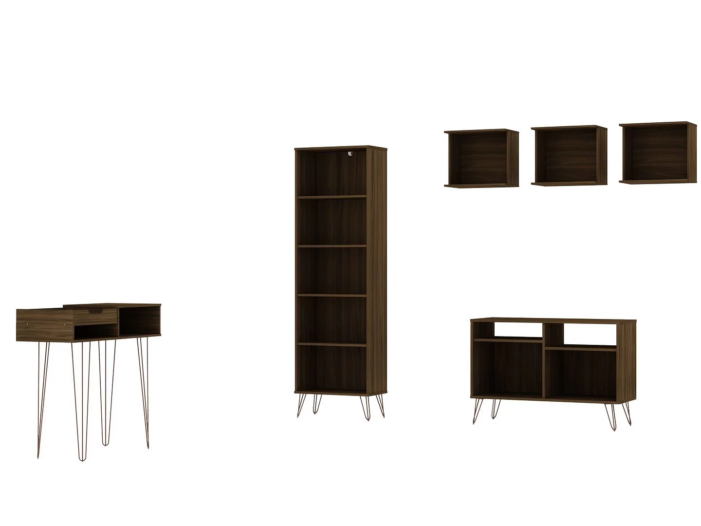 Manhattan Comfort Rockefeller 6-Piece TV Stand Living Room Set with Bookcase and Console in Brown