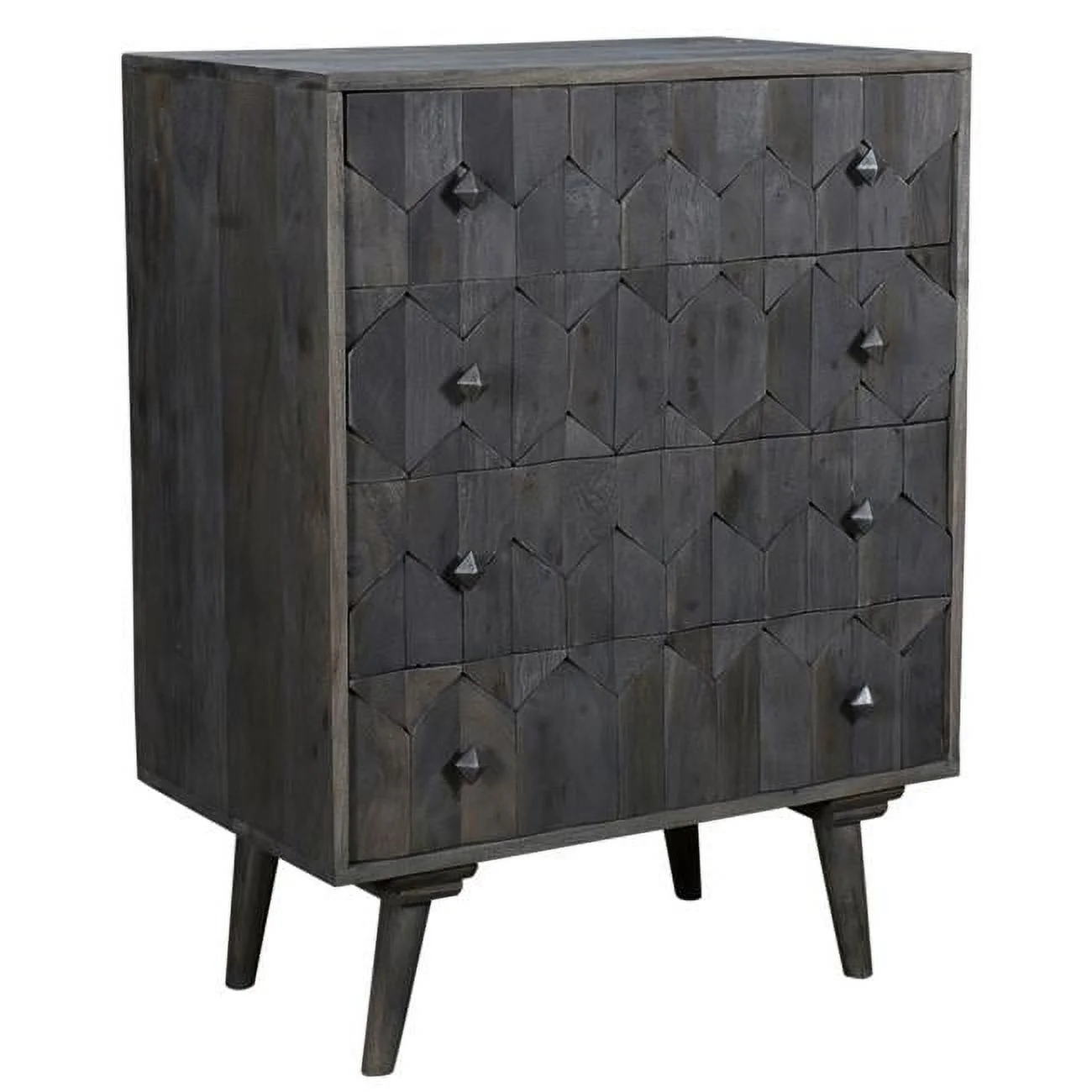 Onyx 4-Drawer Solid Wood Chest in Dark Gray with Hand-Carved Details