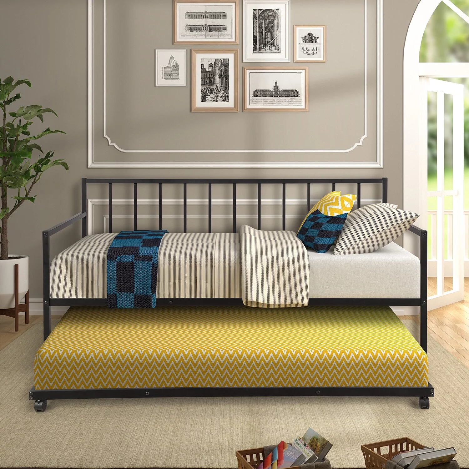 Nestfair Twin Size Metal Frame Daybed with Trundle