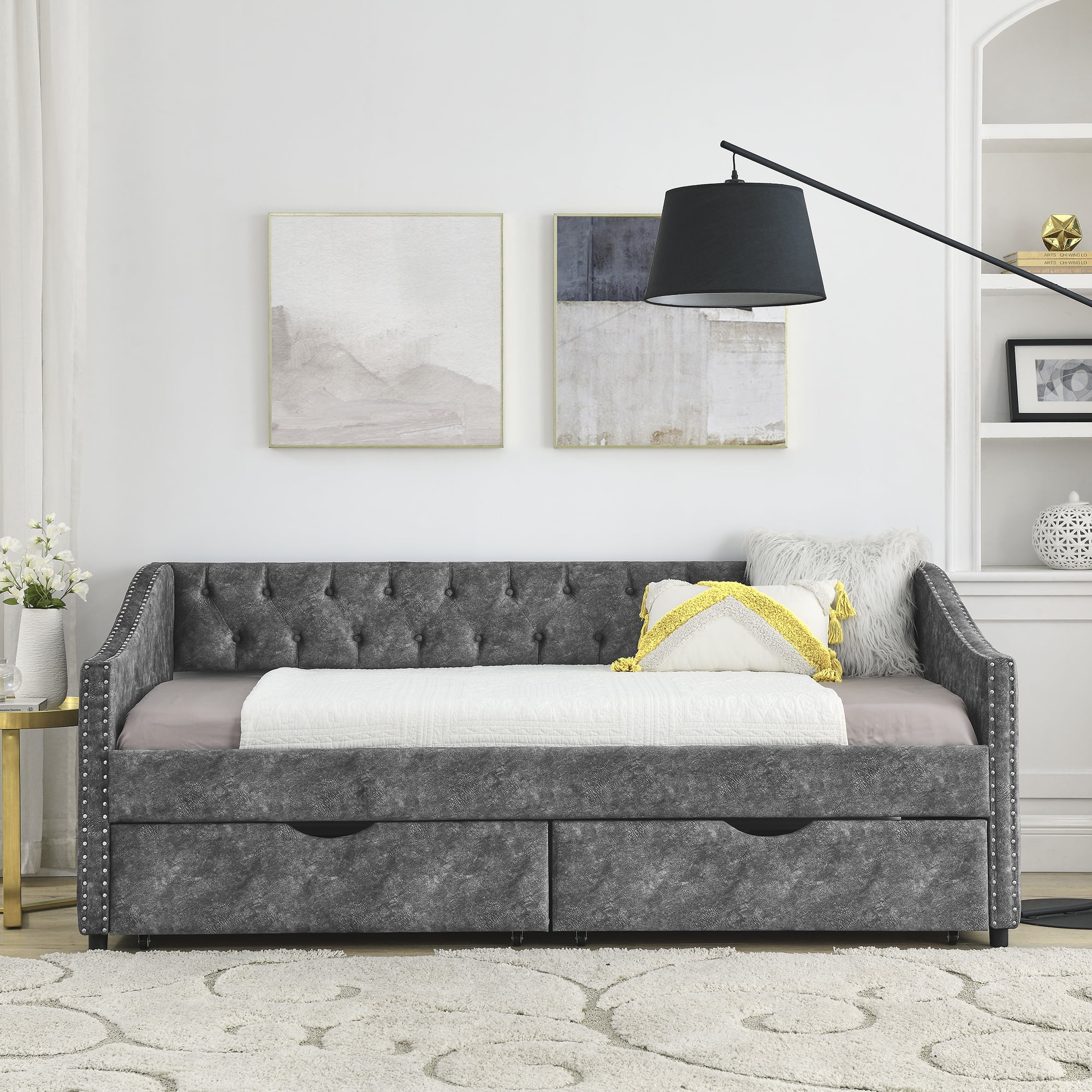 CoSoTower Twin Size Daybed with Drawers Upholstered Tufted Sofa Bed, with Button On Back and Copper Nail On Waved Shape Arms, Grey（81.5“X41”X30.5“）