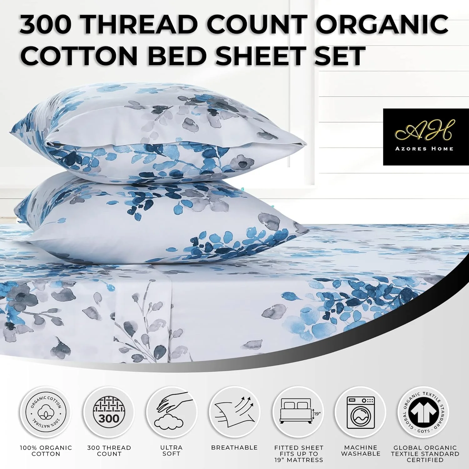Isabella 300 Thread Count Organic Cotton Deep Pocket Bed Sheet Set, Fits Up To 19 Inch Mattress - King, Gray