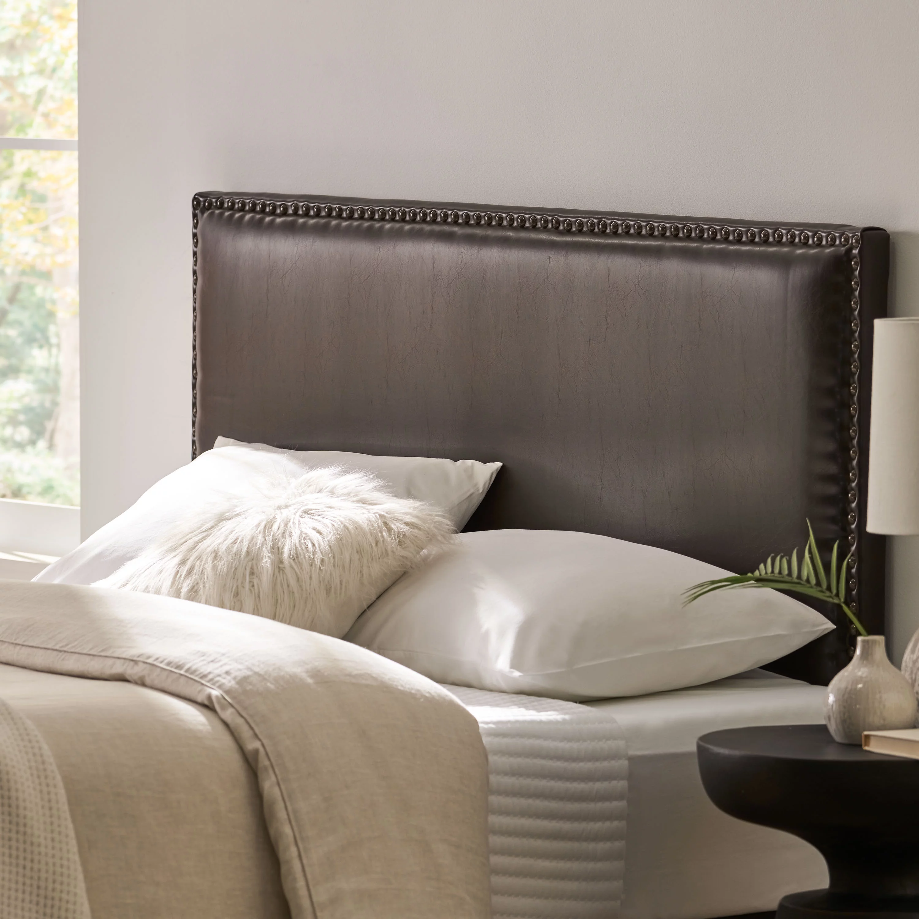 GDF Studio Tabahri Contemporary Upholstered Full/Queen Headboard, Brown Bonded Leather