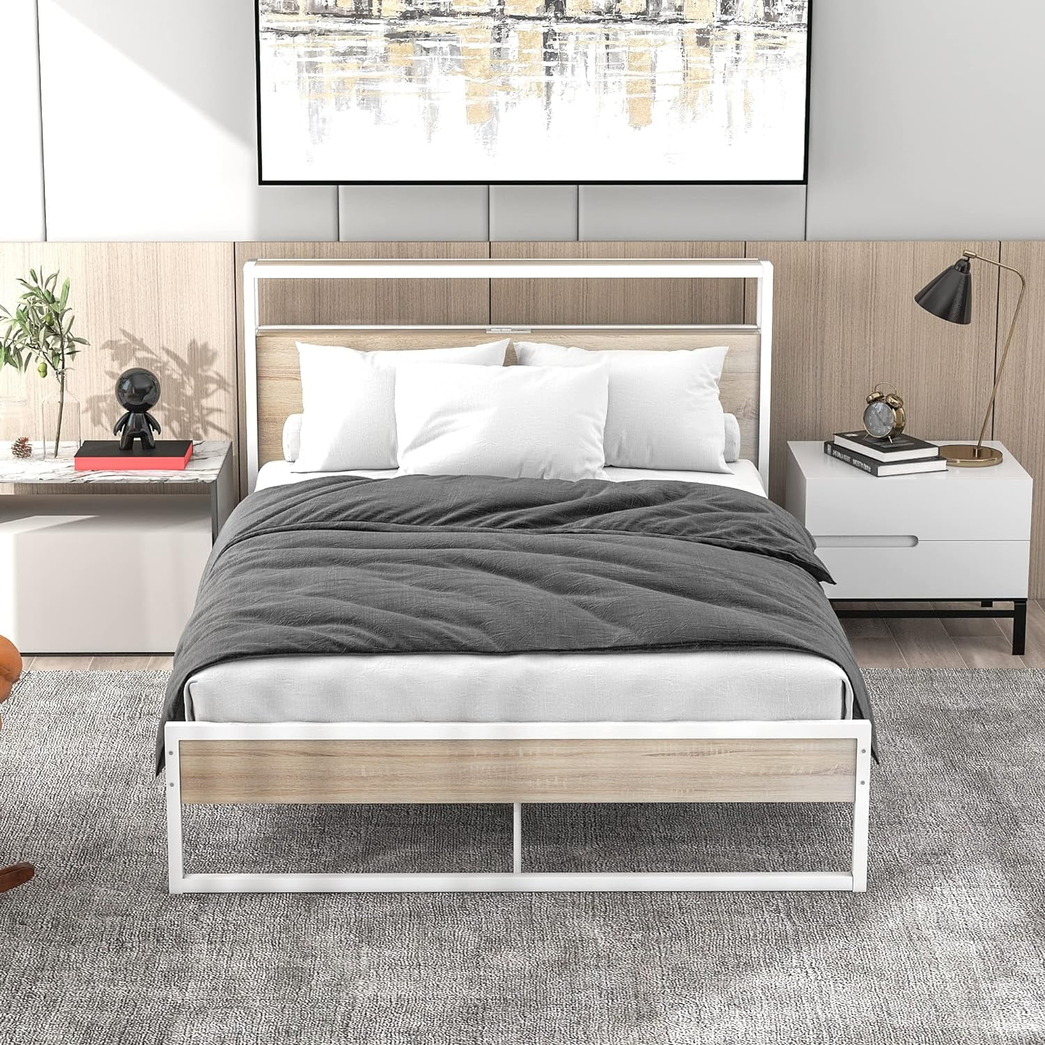 Full Size Platform Bed Frame With Headboard And Footboard, Metal And Wood Bed With Sockets And USB Ports