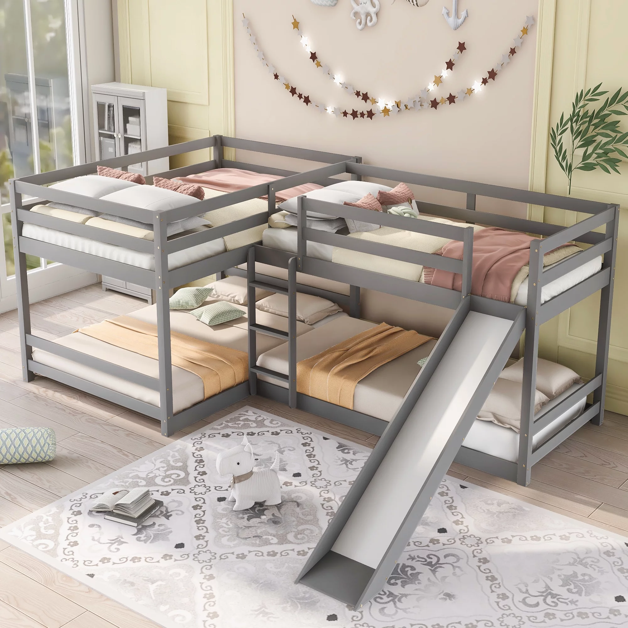 Dcenta Full and Twin Size L-Shaped Bunk Bed with Slide and Short Ladder,Gray