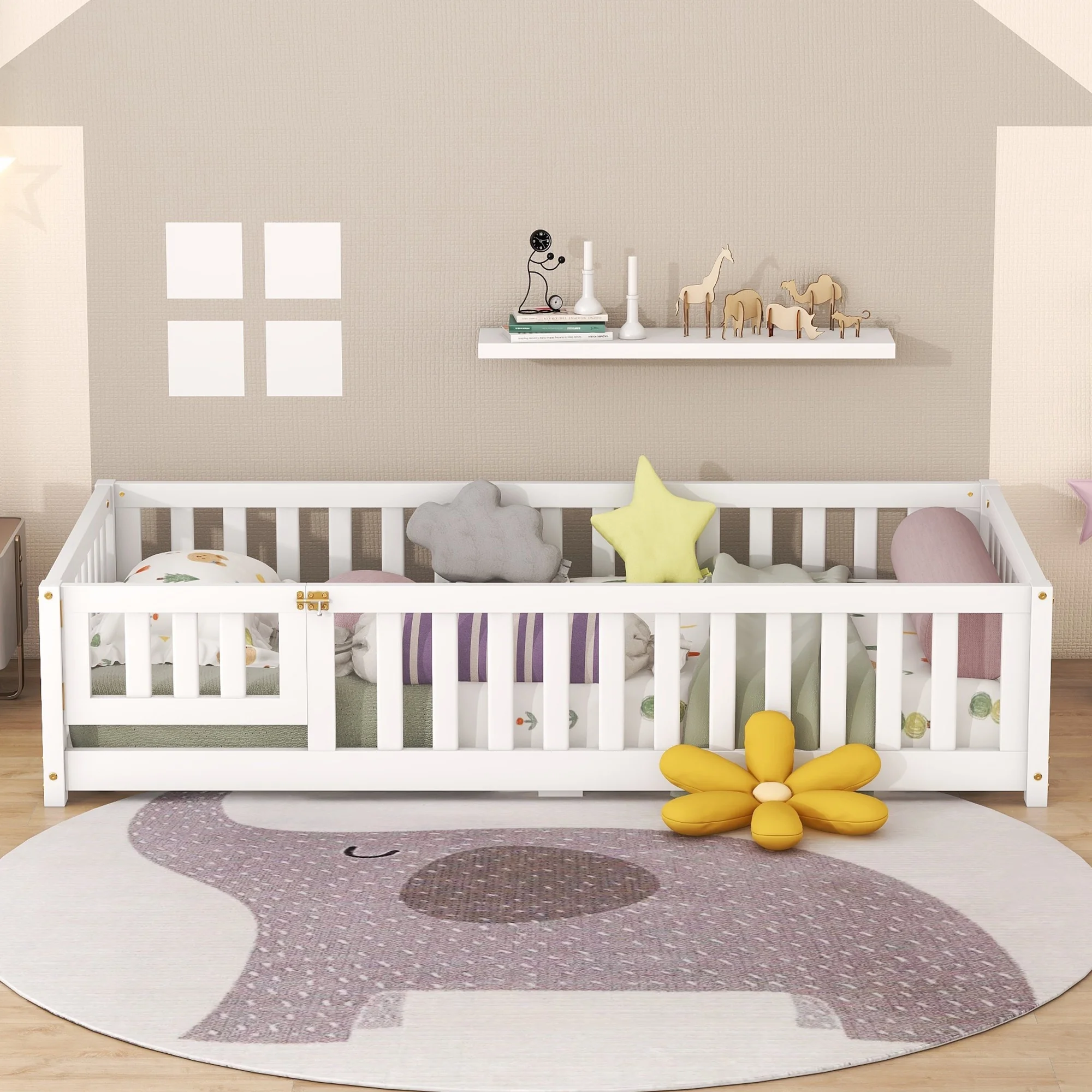 ONME Twin Size Bed Floor Bed with Safety Guardrails and Door for Kids, White