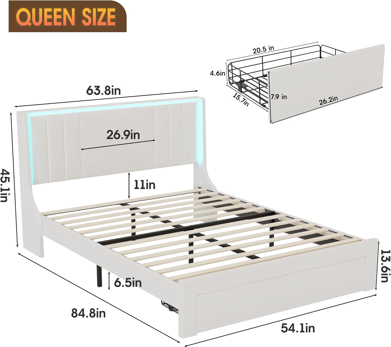 Vabches Queen Size Bed Frame with LED Light and 2 Hidden Storage Drawers with Leather Upholstered Headboard and Charging Station, Supported by Wooden Slats, Noise-Free, No Springs Needed, White