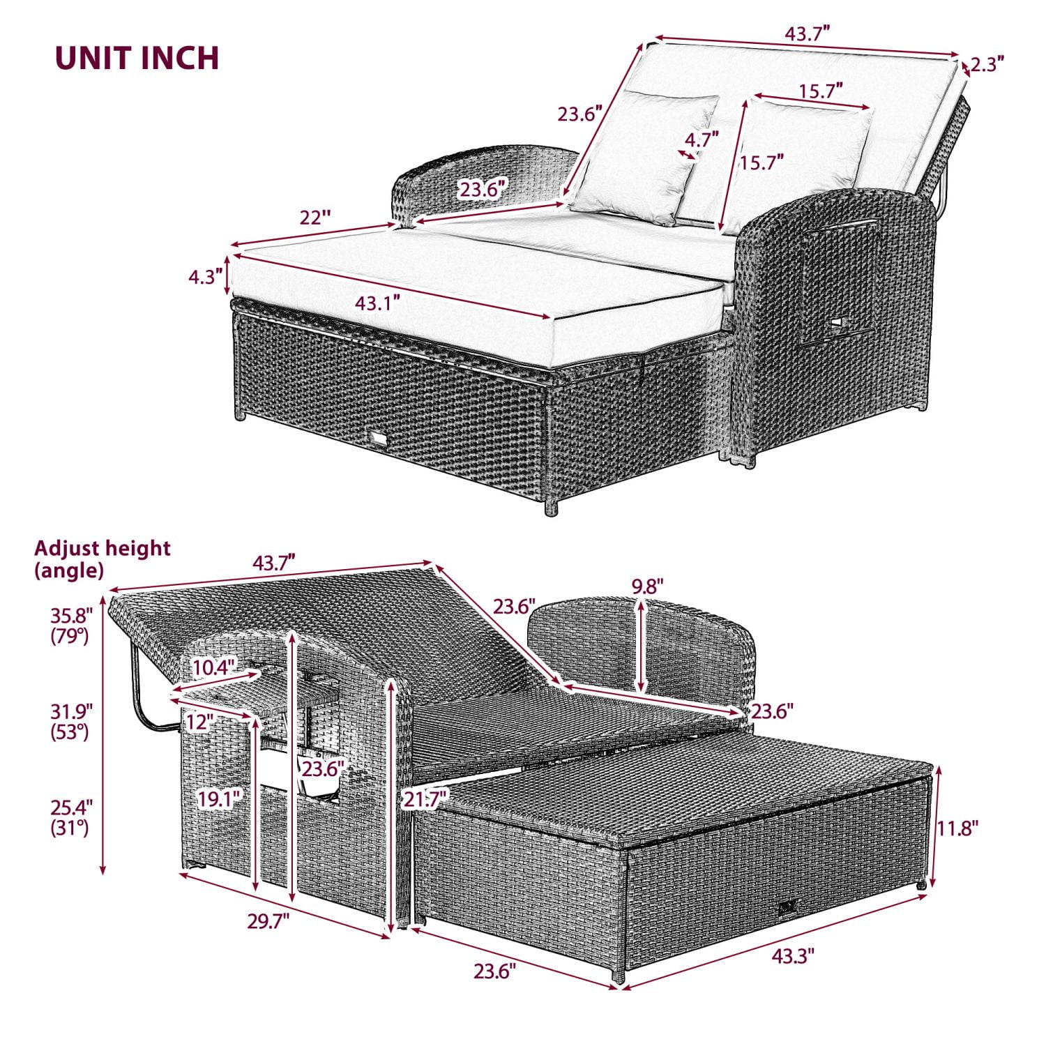 Adjustable Rattan Reclining Double Chaise Lounge Daybed for Yard and Patio