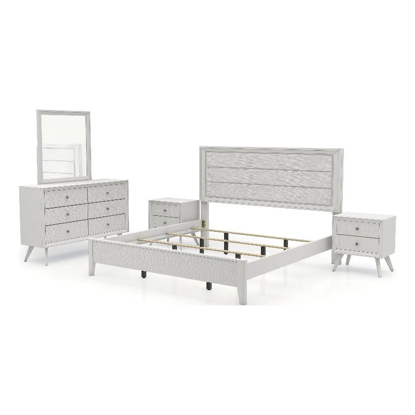 FOA Vrone 5pc Wood White Bedroom Set - Cal King+2 Nightstands+Dresser+Mirror