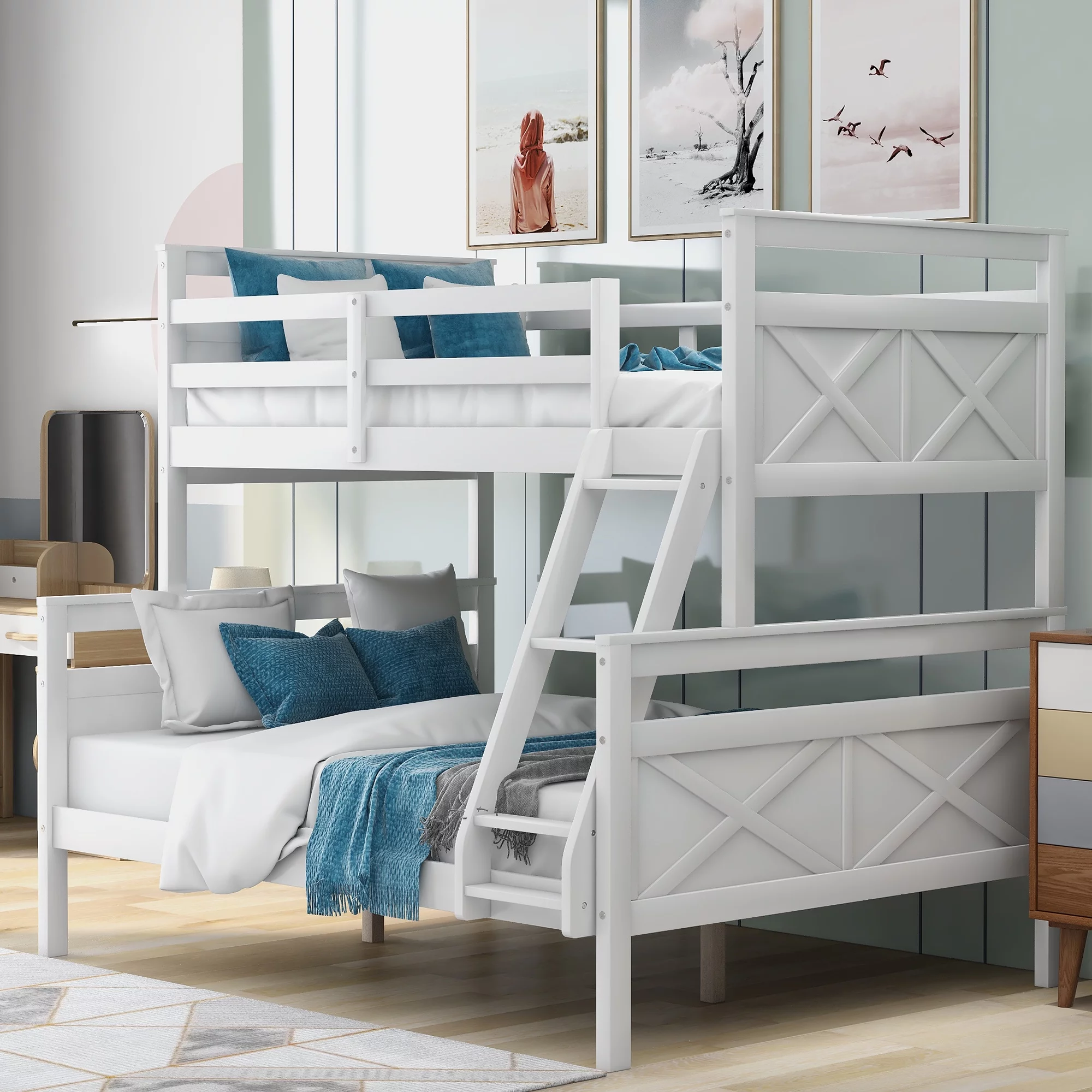 Twin over Full Wood Bunk Bed with Ladder for Kid's Room, White
