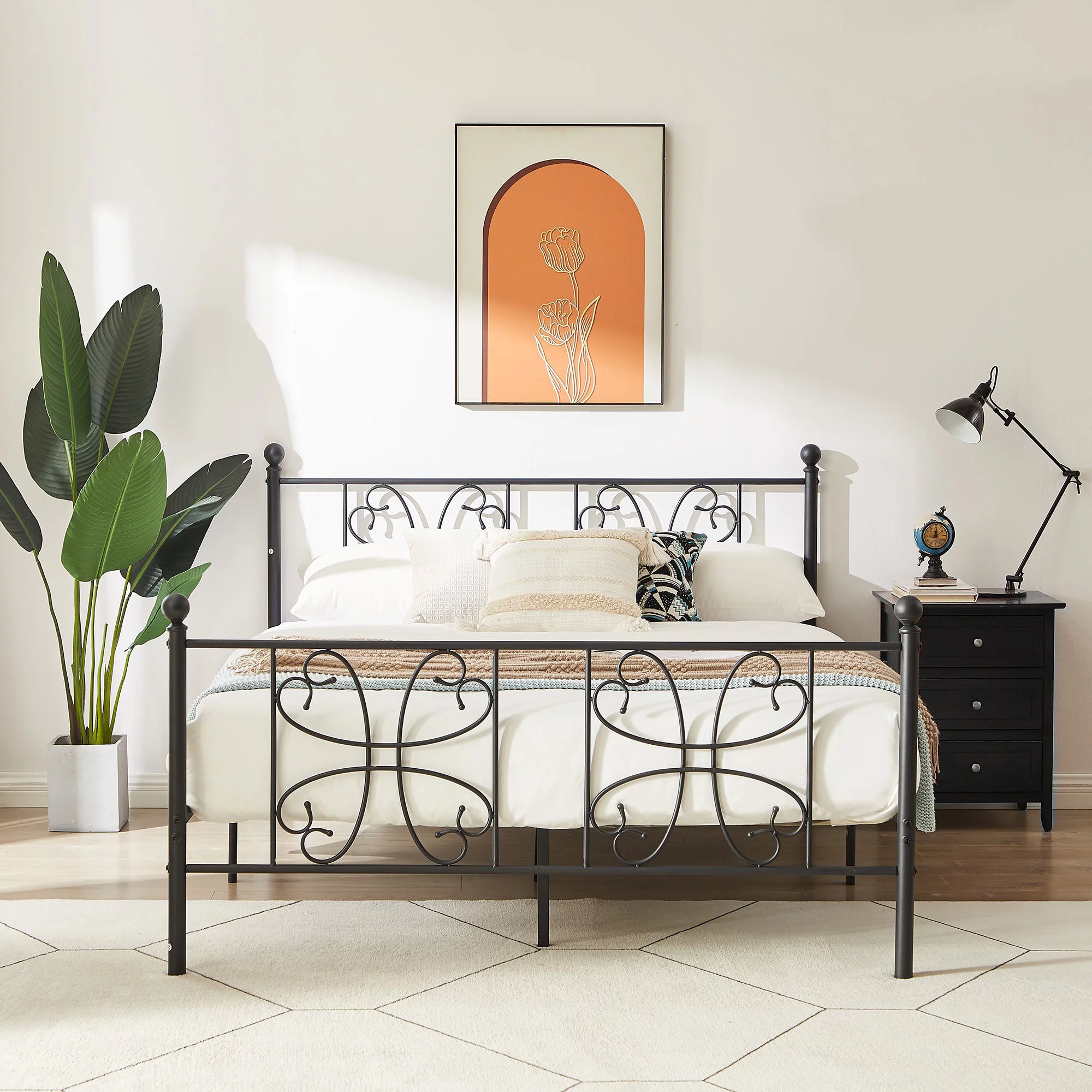 VECELO Full Metal Bed Frame with High Headboard and Footboard, Heavy Duty Slat Support/Mattress Foundation Platform Bed, Black