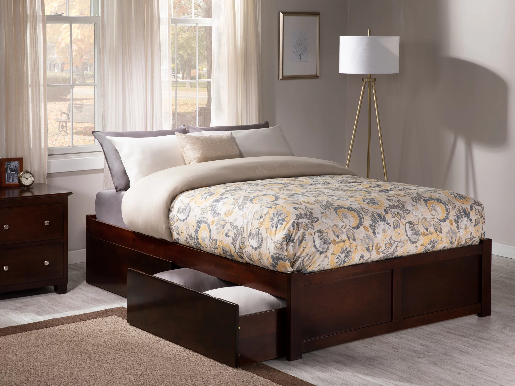 AFI Concord Queen Solid Wood Platform Bed with Footboard & 2 Storage Drawers in Walnut