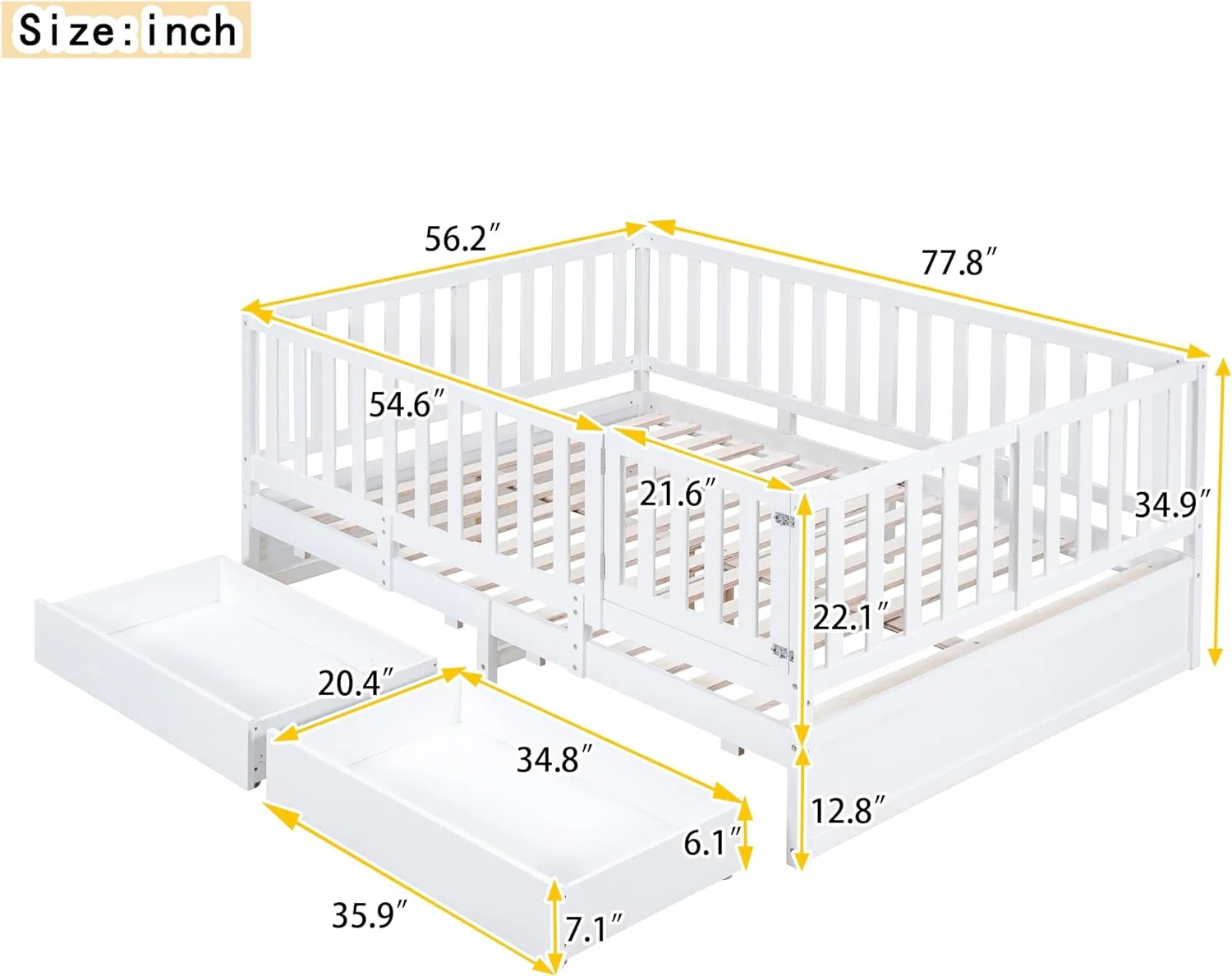 Size Daybed With Fece Guardrails Ad 2 Drawers, Wood  Bed Frame Motessori Bed With Storage For Kids Girls Boys ,Ca Split Ito Floor Bed & Storage Daybed ,White