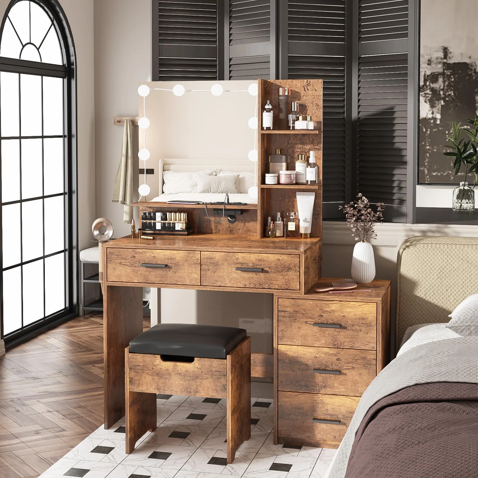 Veanerwood Vanity Desk with Mirror and Lights, Makeup Vanity Dressing Table Set with Drawers and Power Strip, for Bedroom 43.2in, Brown
