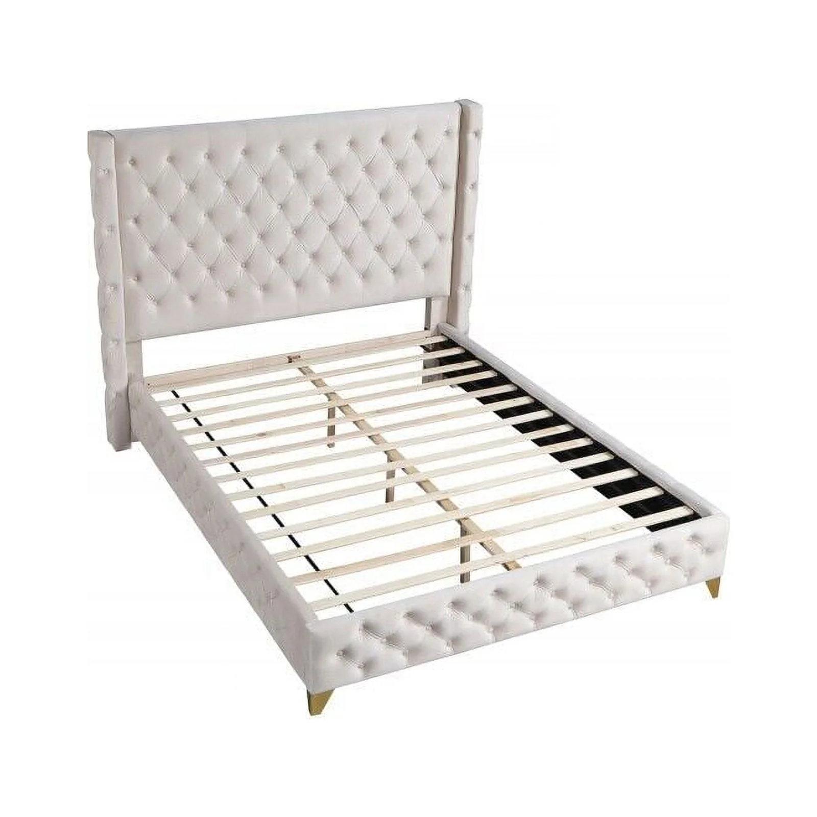 Contemporary Platform King Bed 1pc Cream Color Velvet Upholstered Button Tufted Modern Bedroom Furniture