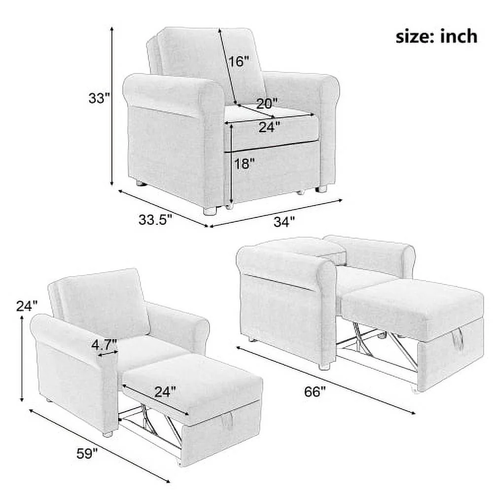 3-in-1 Sofa Bed Chair, Convertible Sleeper Chair Bed,Adjust Backrest Into a Sofa,Lounger Chair,Single Bed