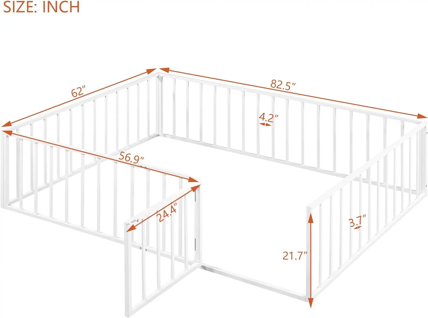 Quee Size Floor Bed Metal Frame With Rails, Quee Motessori Floor Bed With Fece Ad Door, For Kids Girls Boys (White)