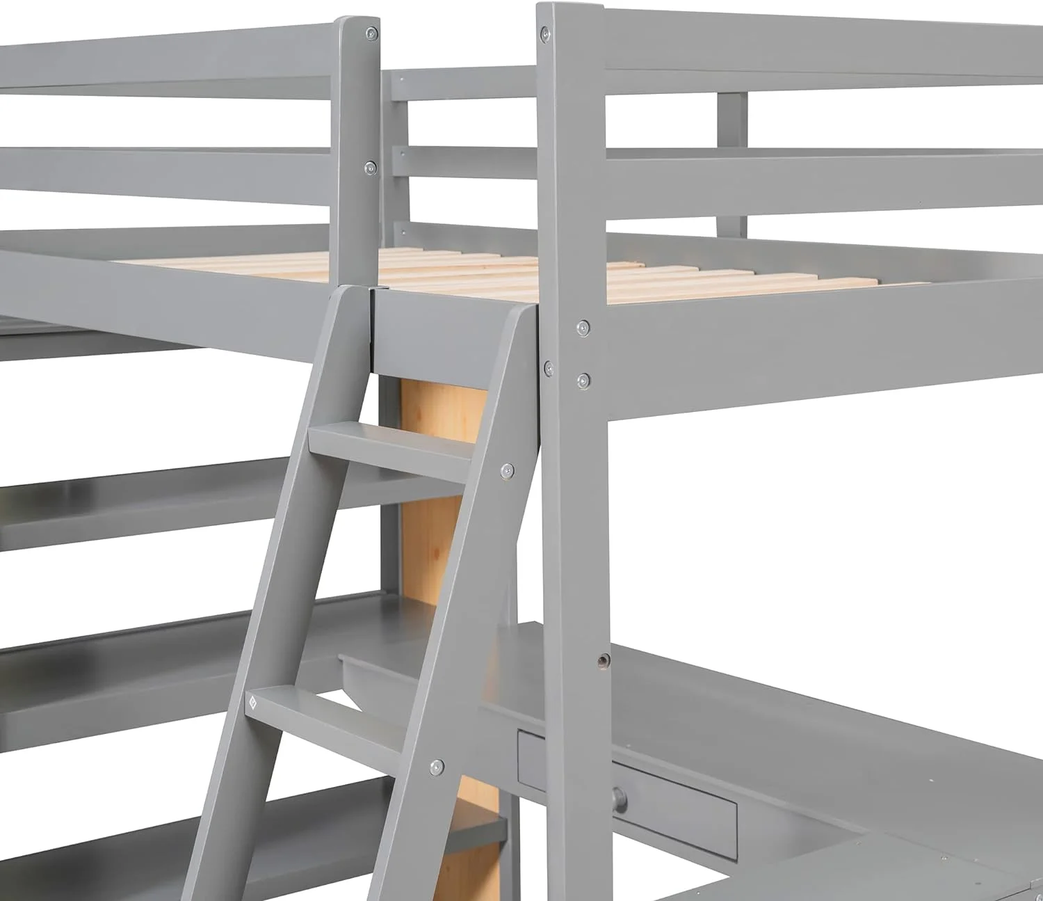 Twin Size Loft Bed with Desk, Book Shelves, Drawer, Oleophobic Board, Wood Loft Bed Frame with Ladder and Guard Rail, Storage Loft Bed for Kids Teens, No Box Spring Needed