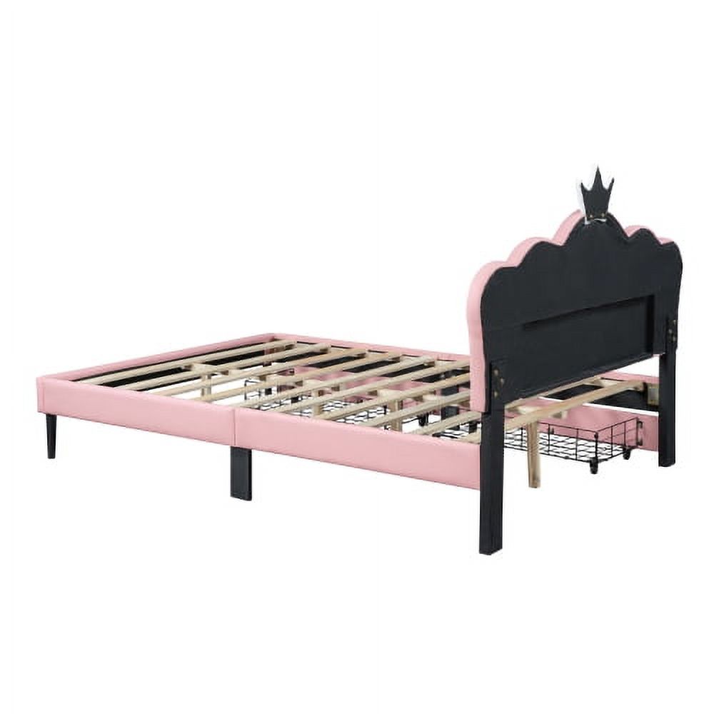 Full Size Princess Bed With Crown Headboard and 2 Drawers, Full size Platform Bed with Headboard and Footboard,White+Pink