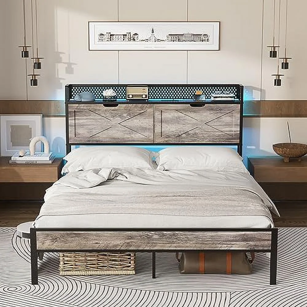 YZboomLife Full Size LED Bed Frame with Headboard Platform Metal Farmhouse Bed with Charging Station 2 Hidden Shelves Noise-Free Wash Grey