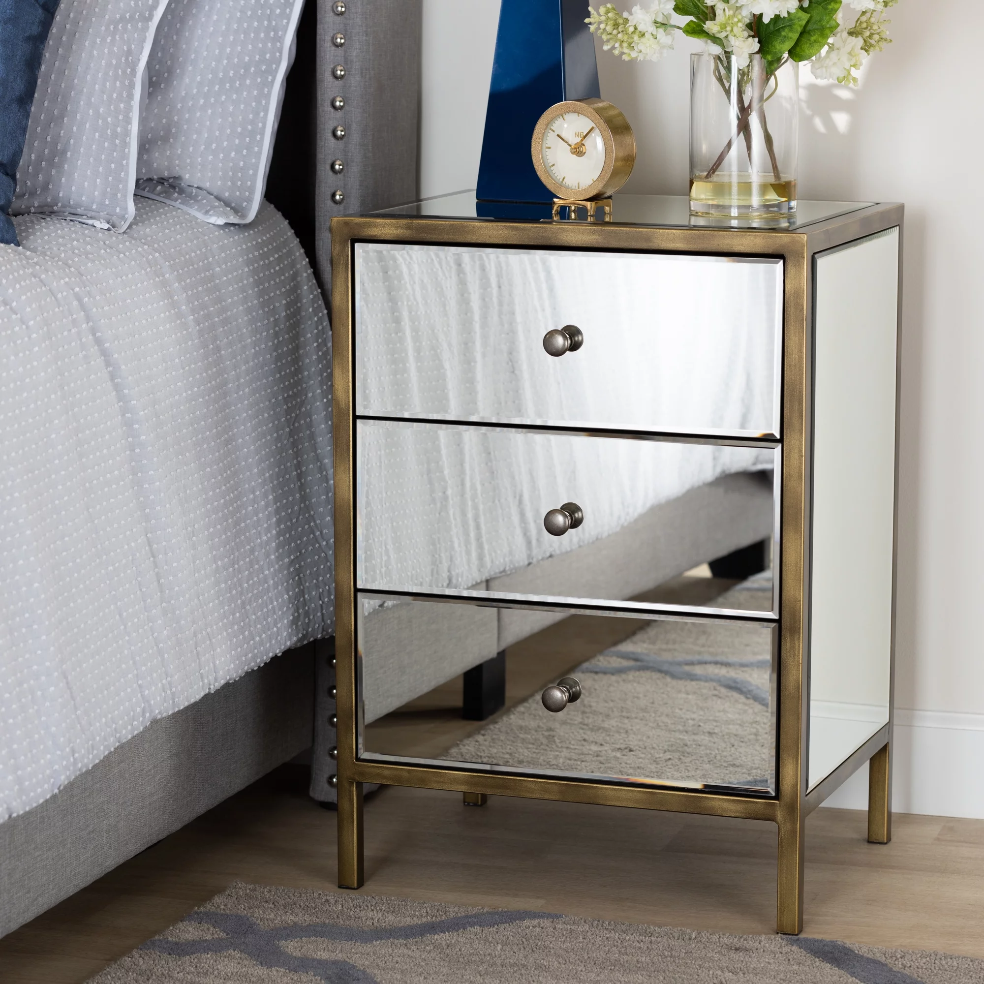 Naaman Modern and Contemporary Hollywood Regency Glamour Style Mirrored 3-Drawer Nightstand Bedside Table by Ember Interiors